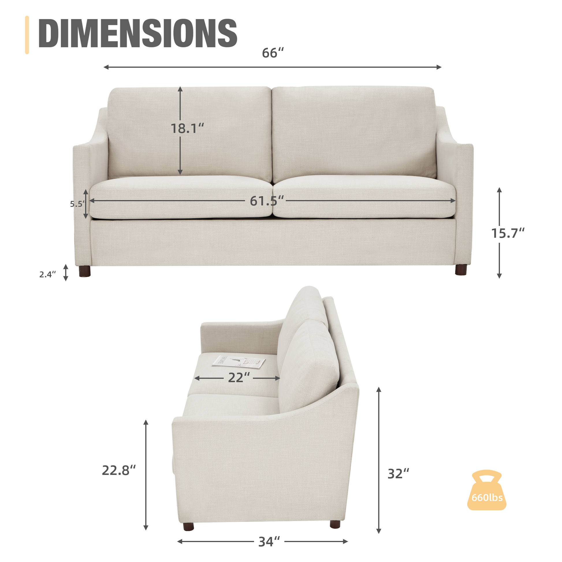 Loveseat Sofa, Upholstered Couch with Removable Cover for Living Room, Beige | Homrest Furniture