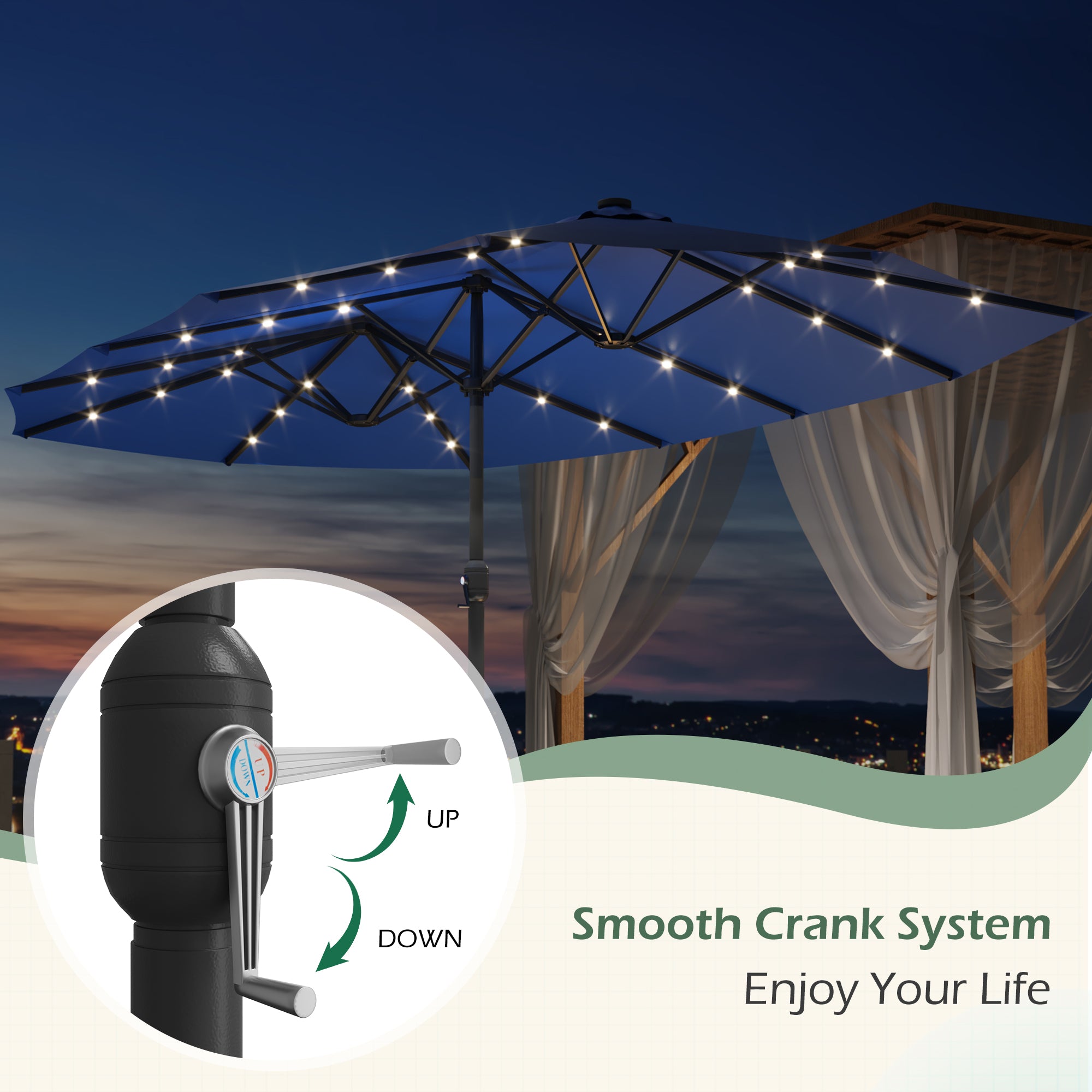 HOMREST 15ft Large Double-Sided Patio Umbrella with Solar LED Lights, Outdoor Crank System, and Base – Perfect for Garden, Deck, Poolside, Navy