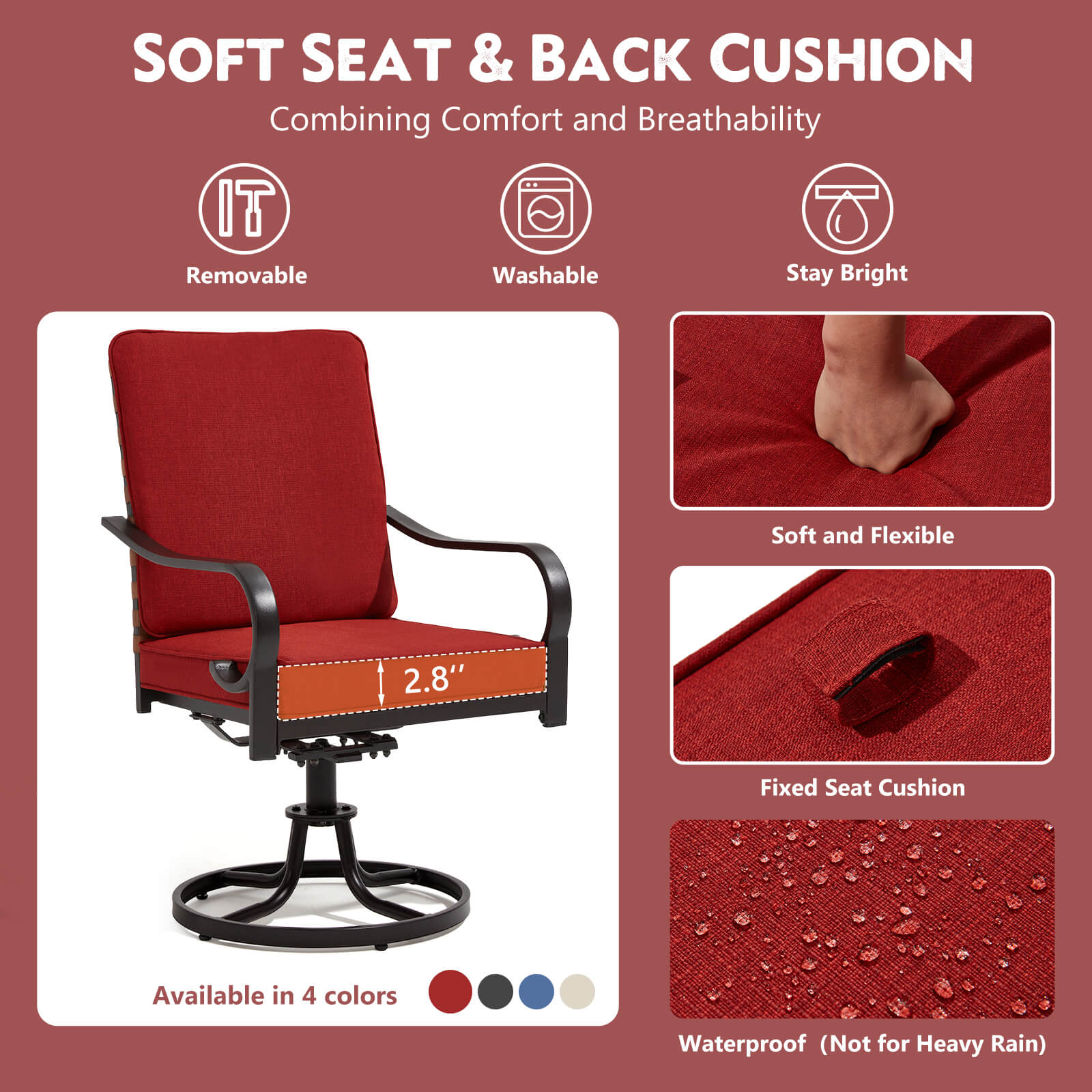 HOMREST Swivel Patio Chairs Set of 2 with Thickened Cushions, Red