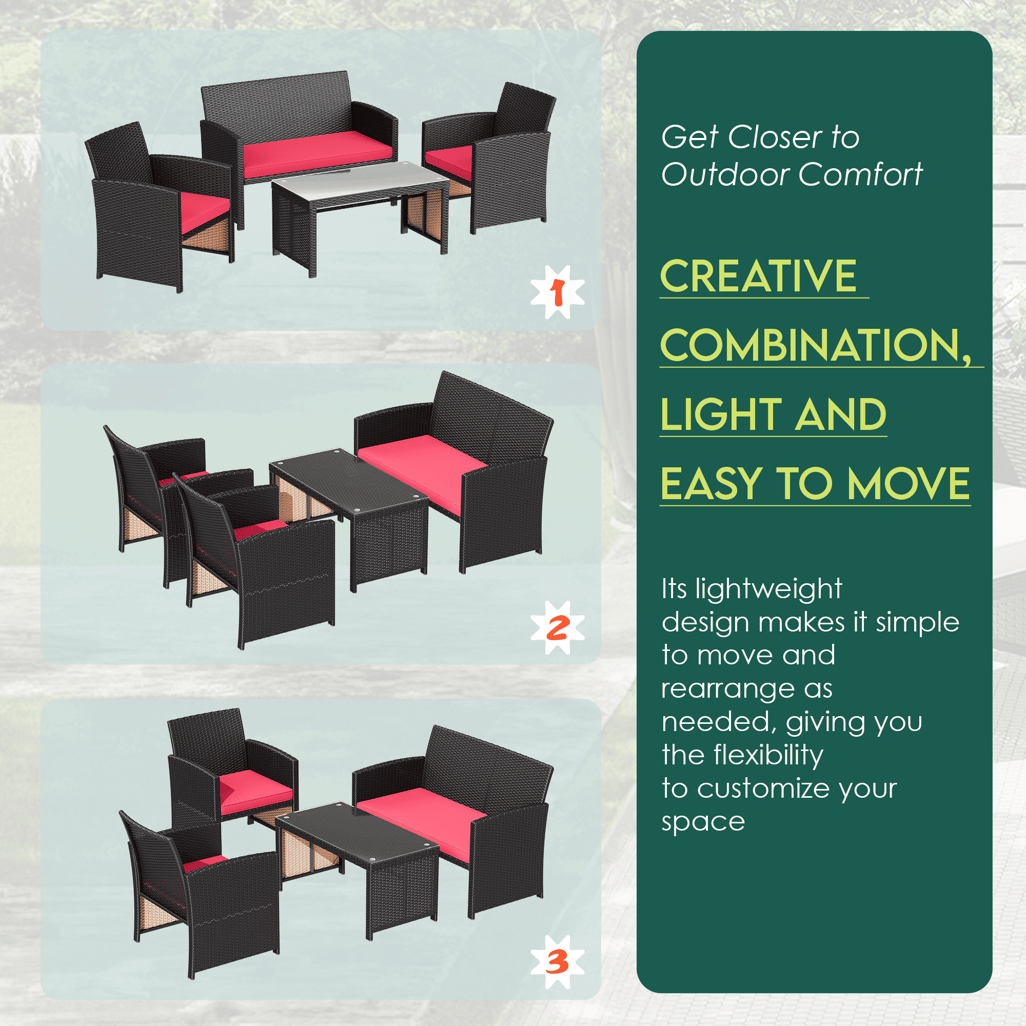 HOMREST 4-Piece Patio Furniture Set, Outdoor Wicker Patio Conversation Set with Cushions, Sofa & Glass Coffee Table, Red