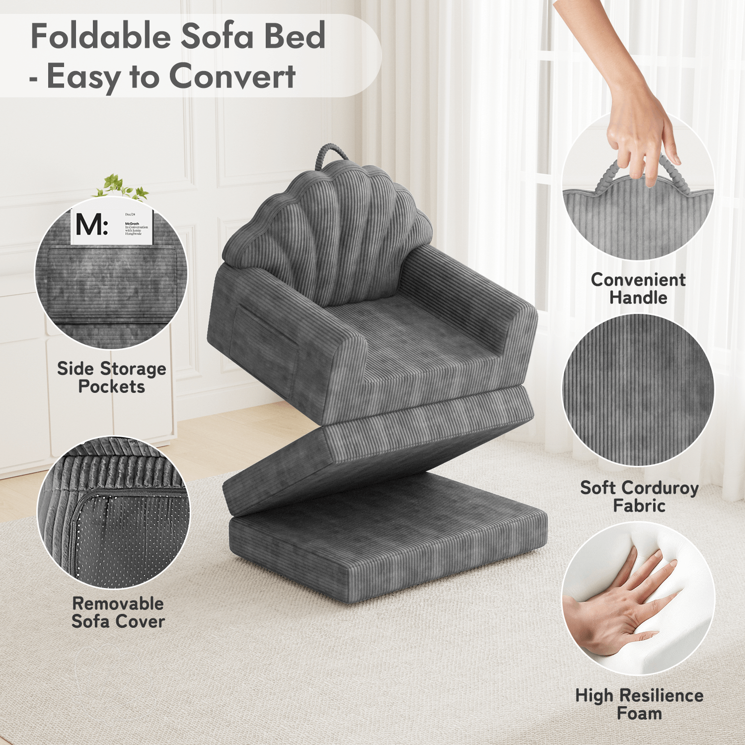 HOMREST 2-in-1 Folding Sofa Bed with Back Support, 75" D x 34" W Convertible Futon Sleeper Chair for Living Room Bedroom Small Spaces, Gray