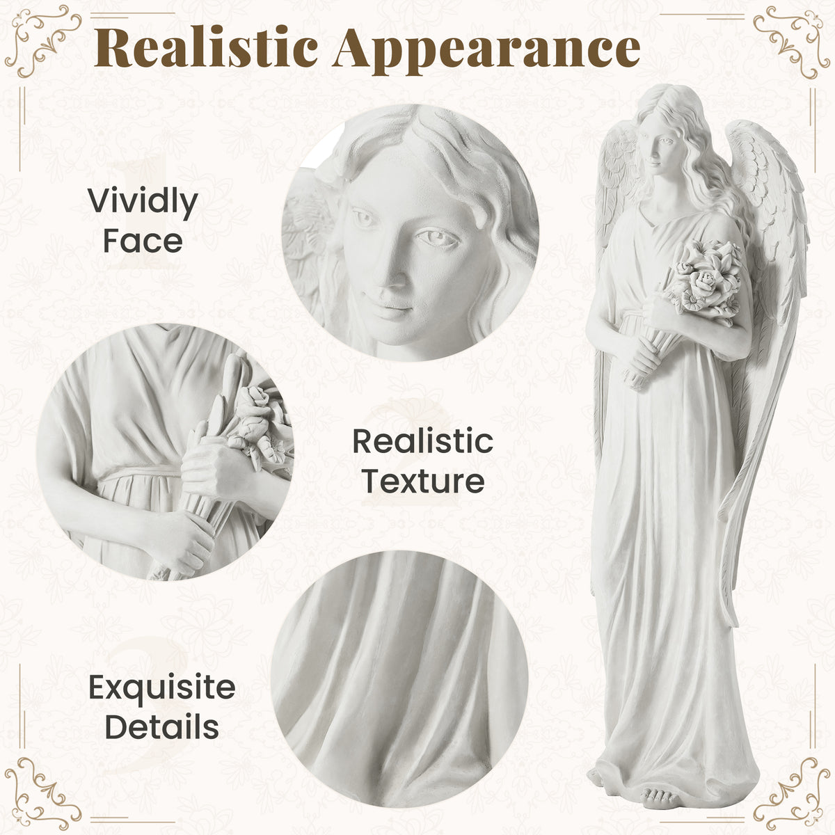 HOMREST 45'' Large Outdoor Statues, Garden Angel Holding Flowers, Sculpture Decor for Patio, Yard and Home, White