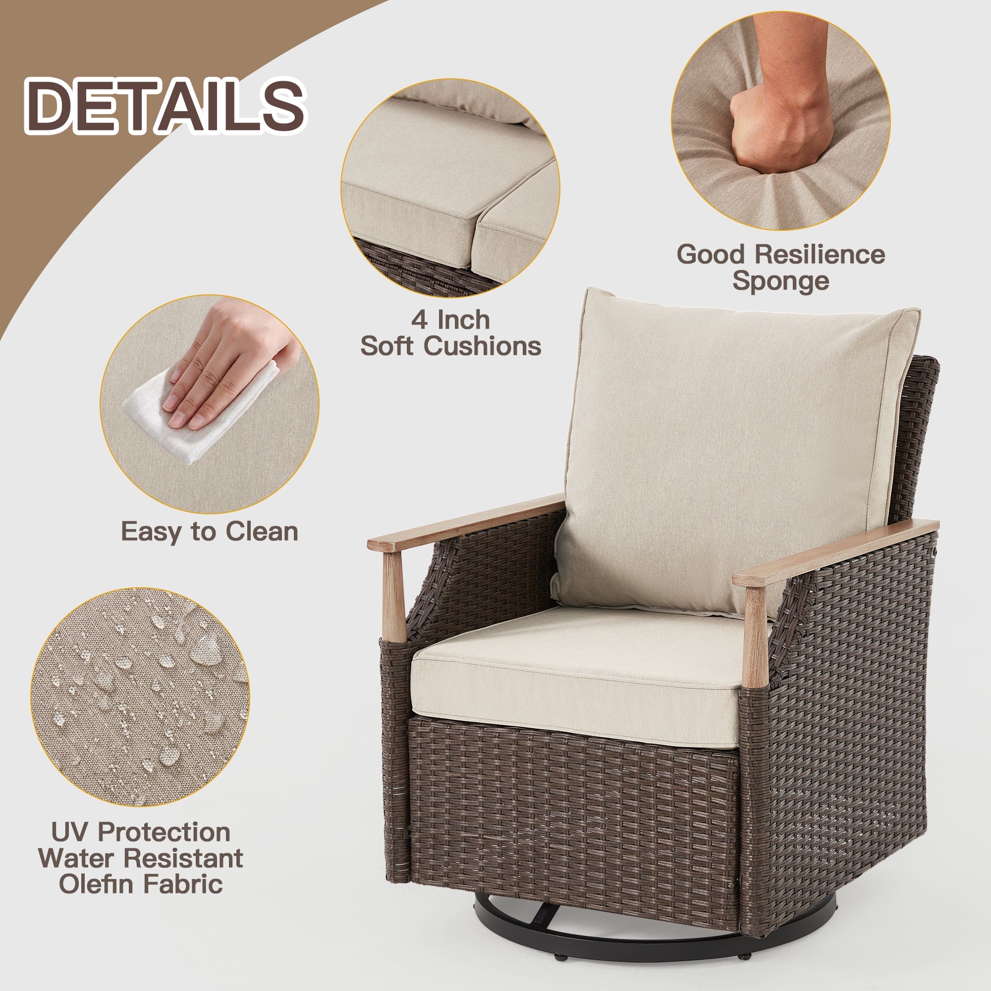 HOMREST 7-Piece Outdoor Wicker Patio Set with Swivel Chairs, Ottoman & Coffee Table, Beige