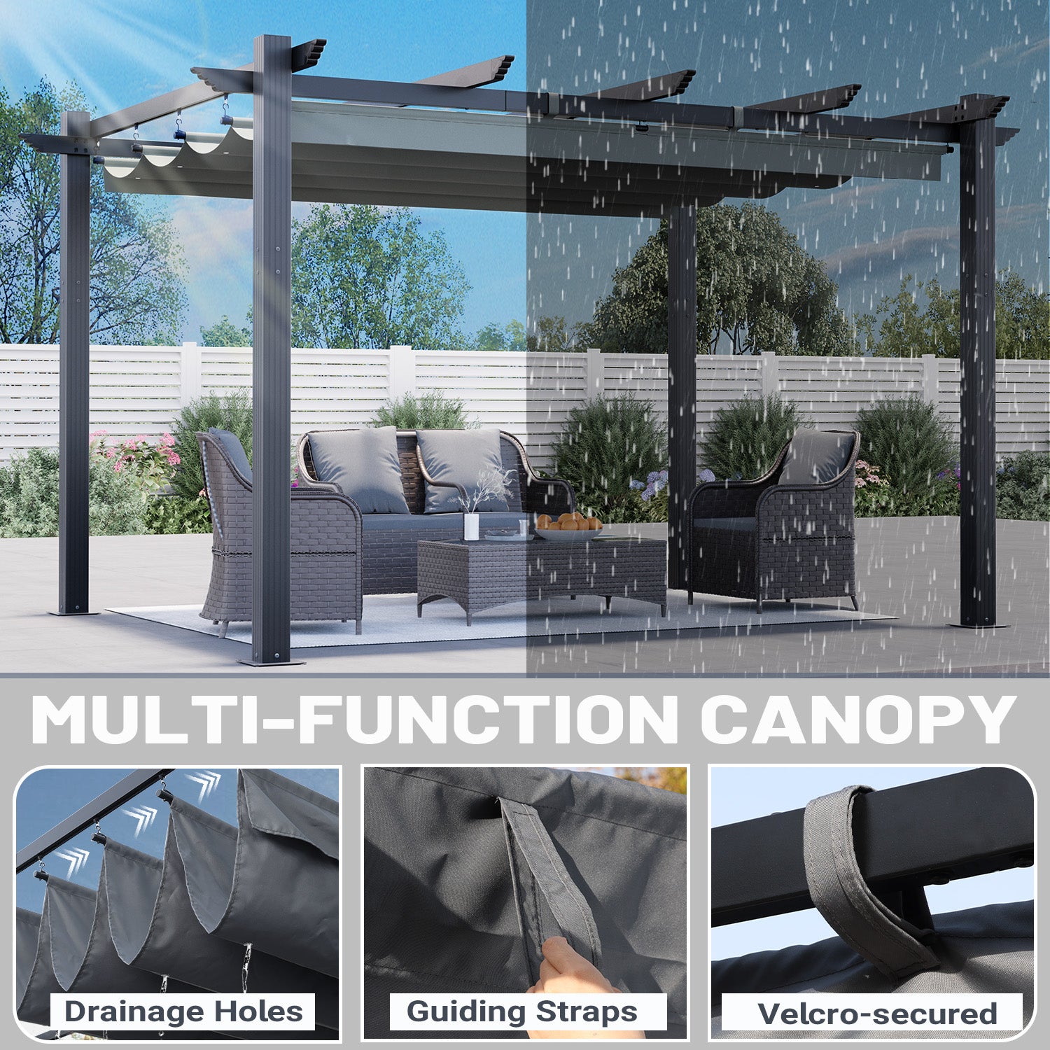 HOMREST Retractable Pergola 10x13 Ft, Outdoor Aluminum Shelter with Dual Adjustable Sun Shade Canopy for Patio Backyard, Locking System Includes Straps & Screws (Gray)