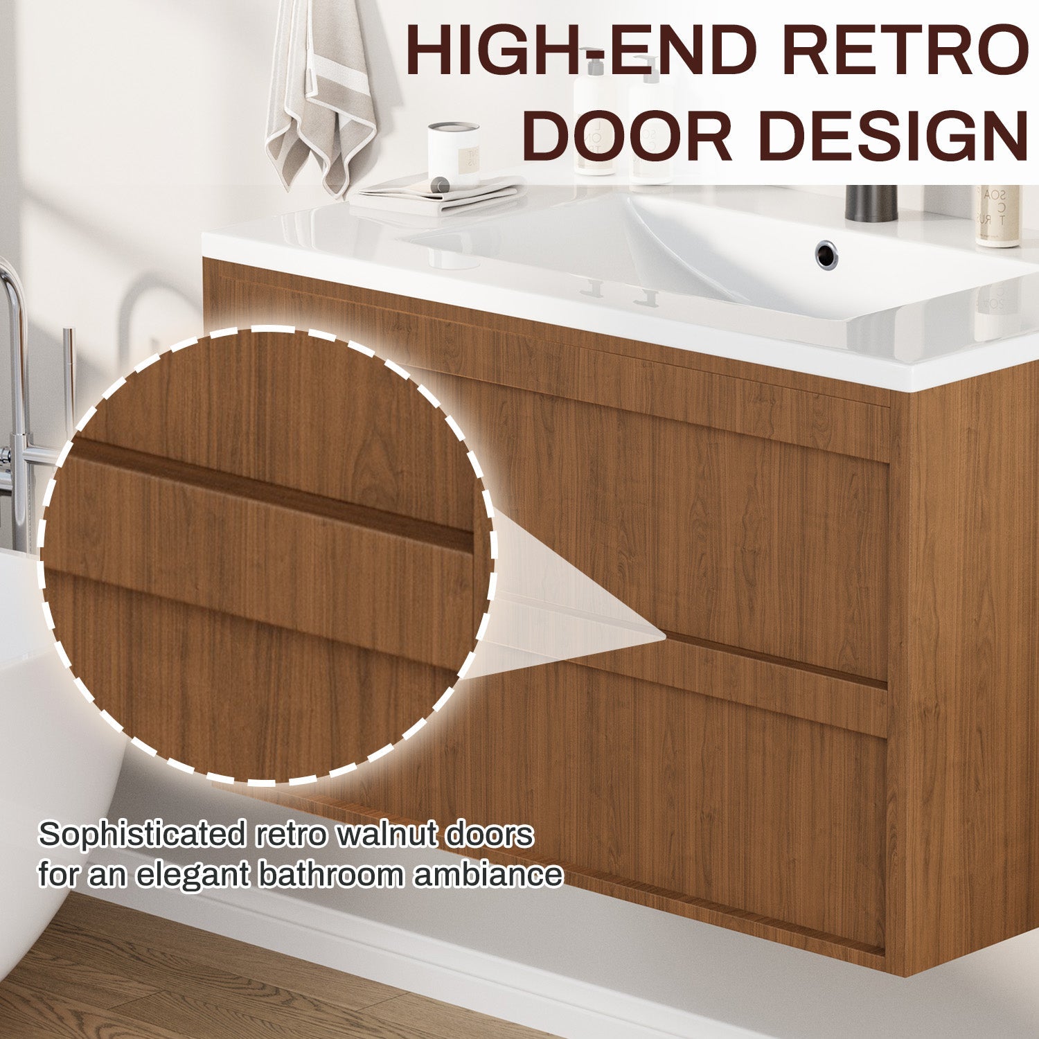 HOMREST 30 Inch Bathroom Vanity with Sink, Floating Bathroom Vanity with 2 Large Storage Drawers, Wood Grain Wall Mounted Bathroom Cabinet, Brown