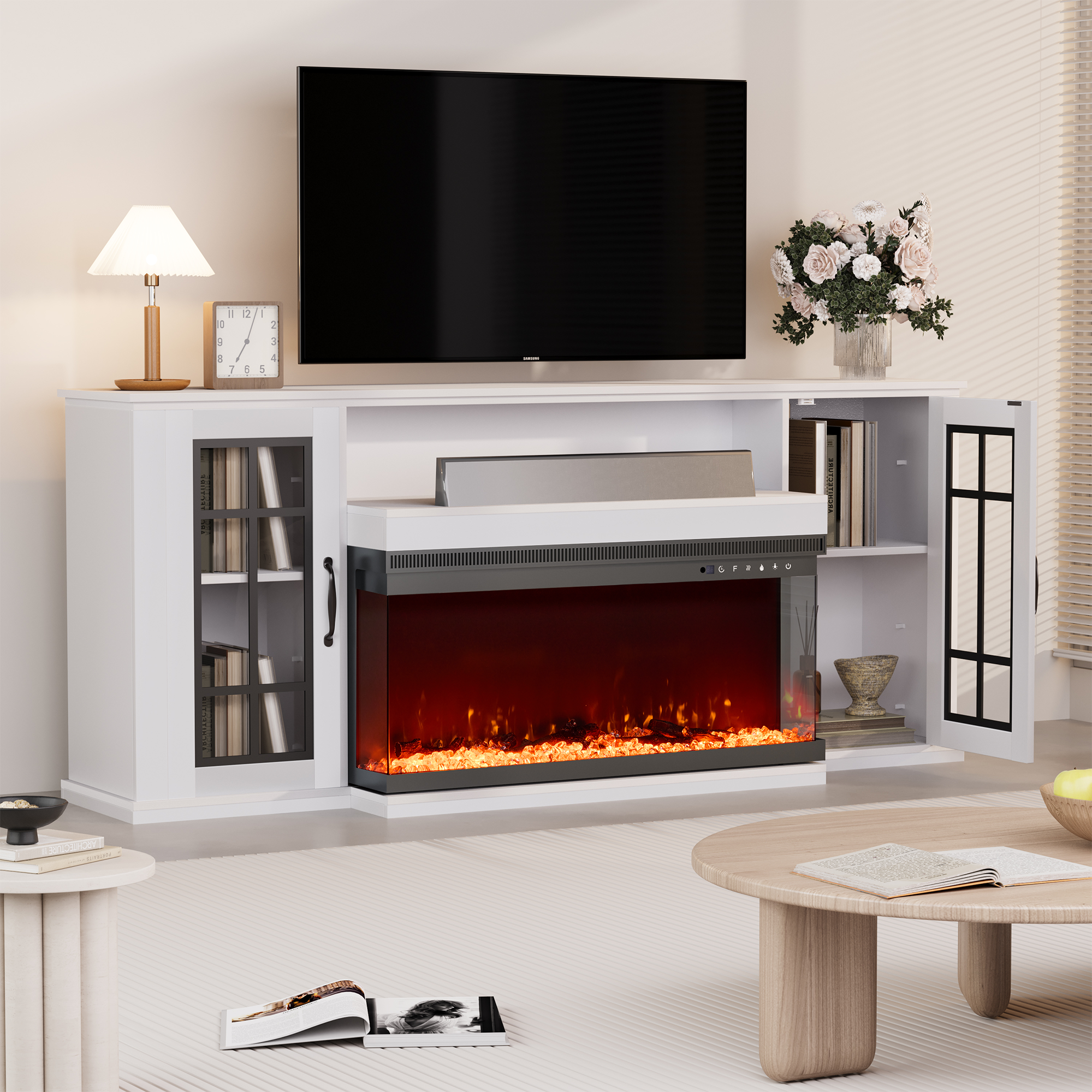 HOMREST 70" 3 Sided Glass Fireplace TV Stand, Modern Media Console with 12 Color Flames,White