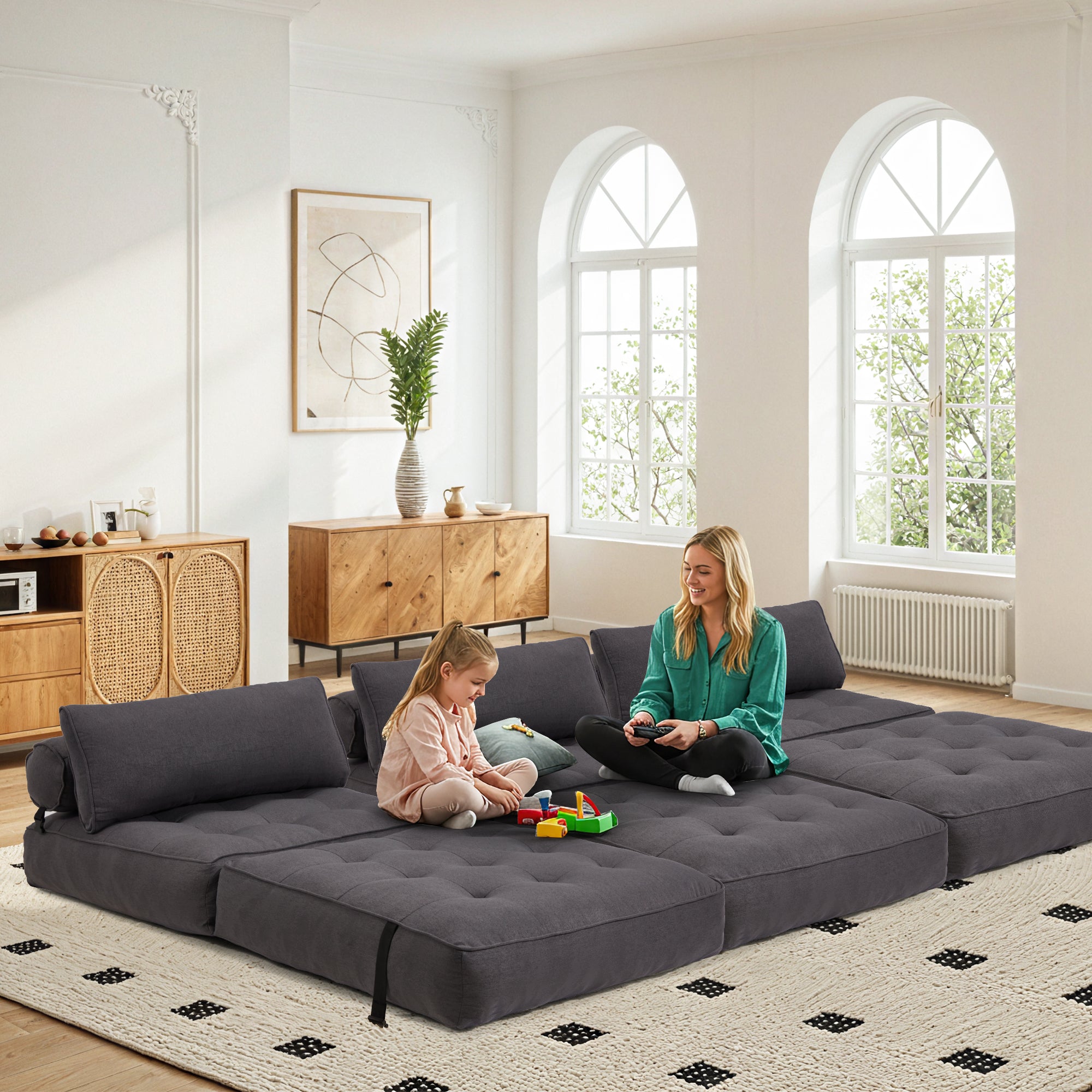 HOMREST 3-Piece Modular Sectional Sofa, Convertible Lounge Set – Foldable Couch Bed, Dark Gray