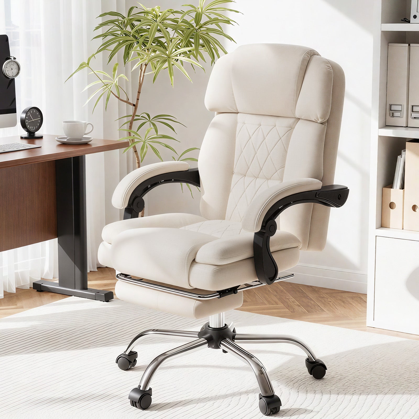 HOMREST 6-Point Massage Office Chair with Heat, Ergonomic Reclining Desk Chair with Footrest, Soft Chenille Fabric Executive Chairs for Home Office, Comfortable Computer Chair Gift for Women, Beige