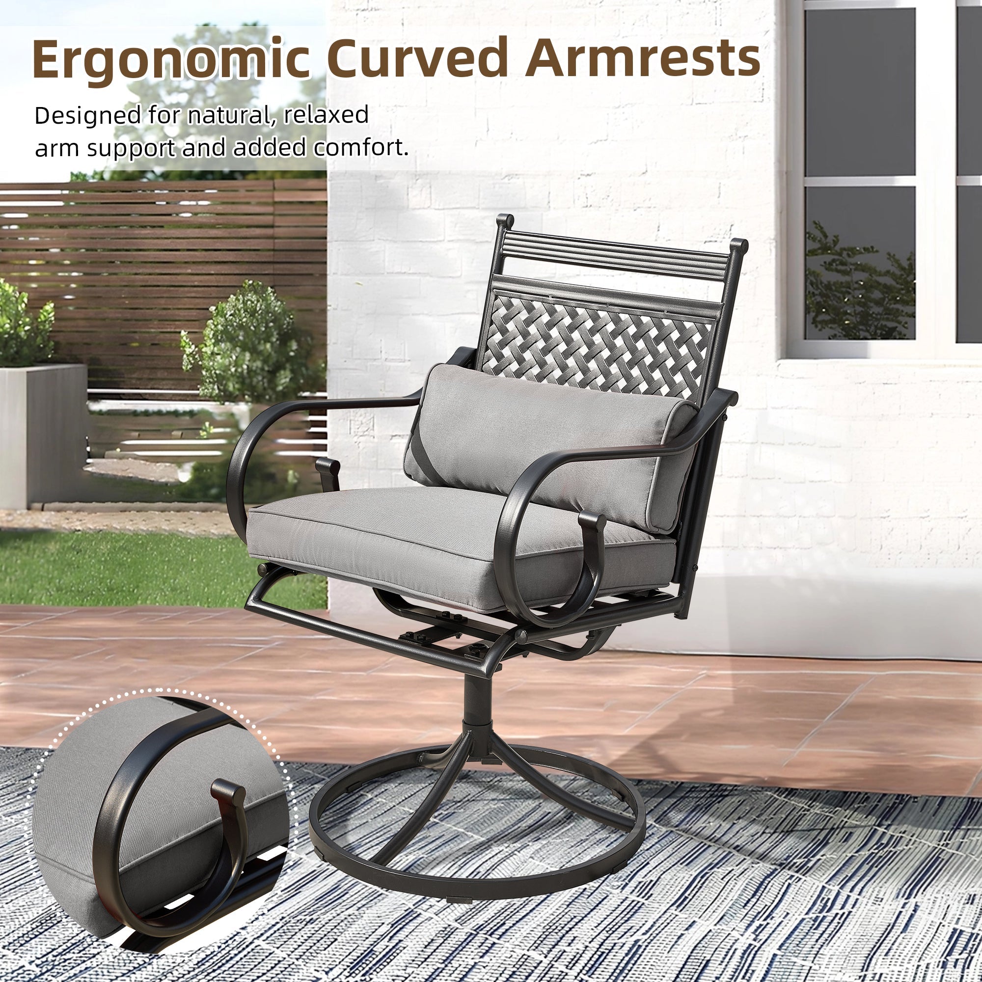 homrest Patio Swivel Chair Set of 2, Outdoor Dining Chairs with Cushions for Porch, Deck, and Garden, Gray