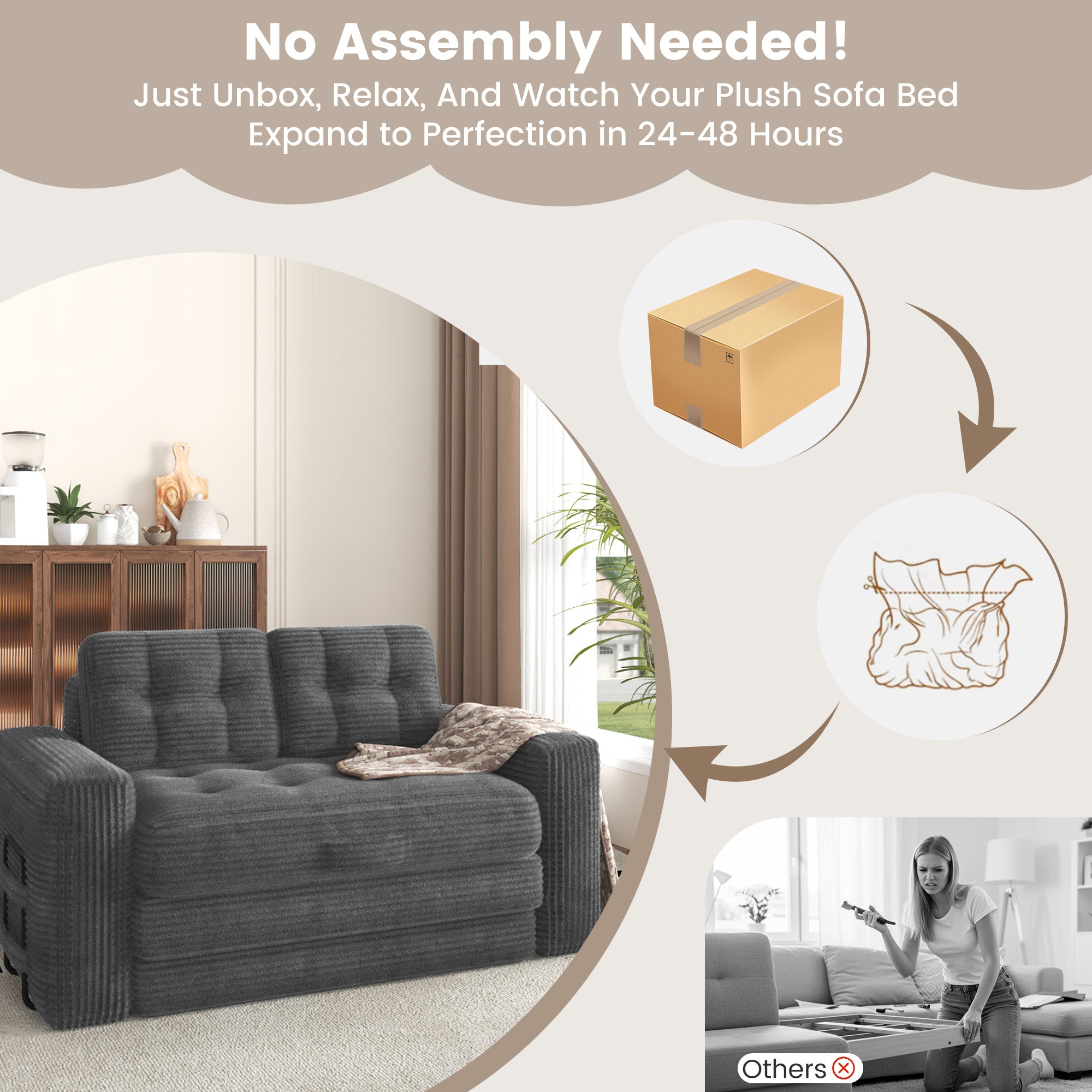 HOMREST No Assembly Needed Convertible Sofa Bed, 2 in 1 Boneless Couch Bed with 2 Pillows, Gray