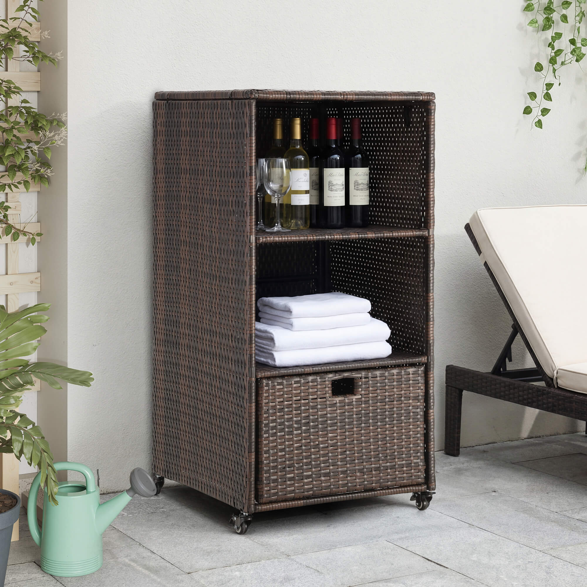 HOMREST Outdoor Pool Towel Rack with Storage Cabinet, Waterproof PE Rattan Wicker Poolside Towel Organizer with Shelves & Drawer, Rolling Wheels Towel Valet Caddy, Brown