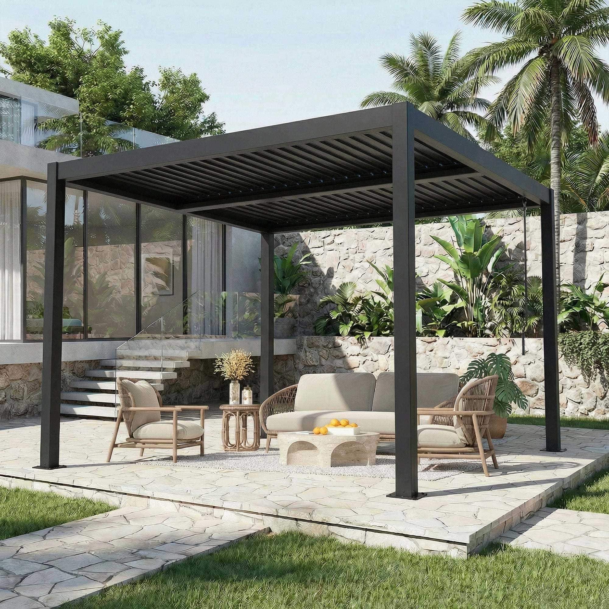 HOMREST 10' x 10' Outdoor Pergola with Adjustable Louvered Roof & Integrated Drainage, Heavy-Duty Metal Louvered Pergola for Patios, Black
