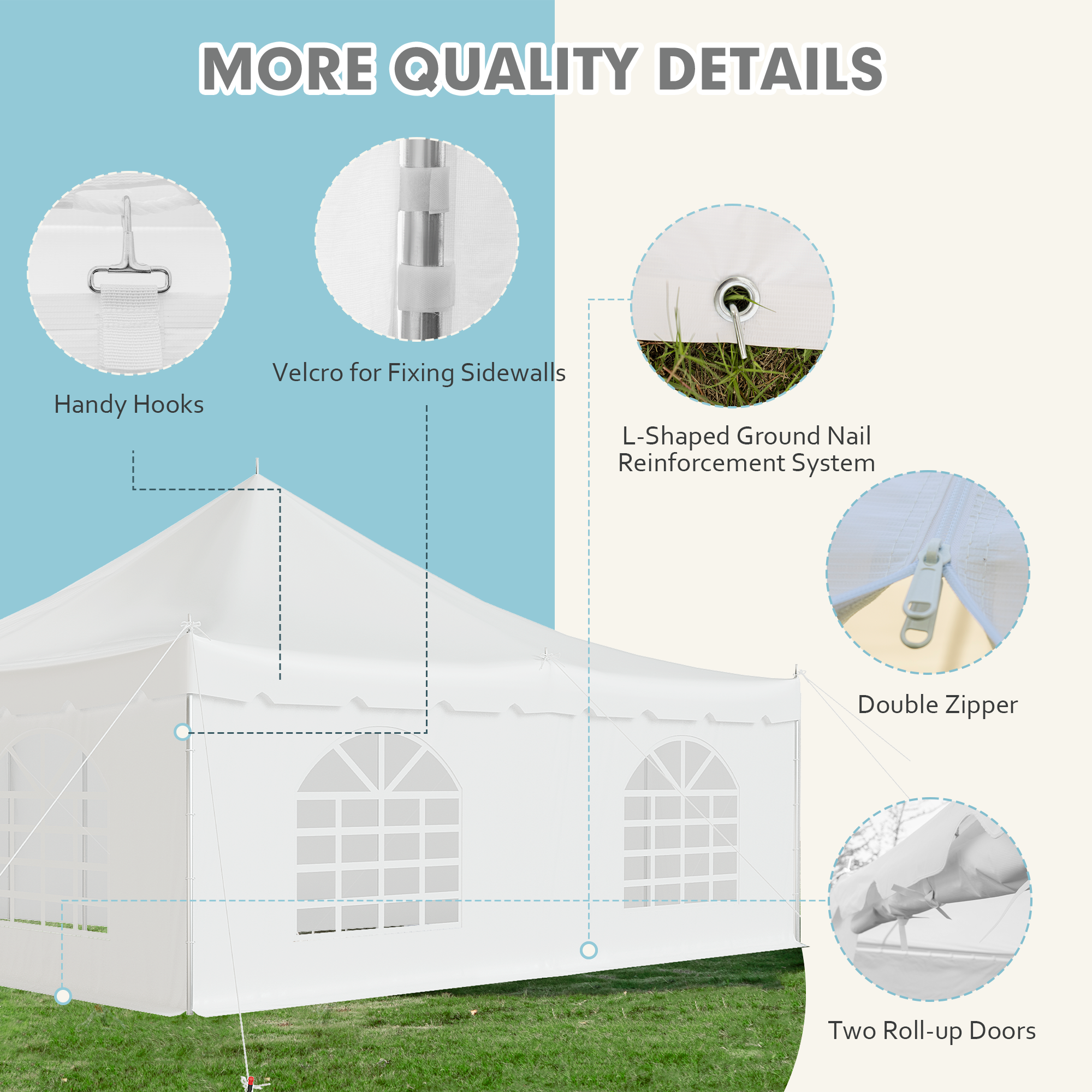 HOMREST 20x20ft Pole Party Tent Weekend Canopy Heavy Duty With Sidewalls 2 Doors Carry Bags PVC Fire Retardant Outdoor Canopies For 120 People Large Tents For Parties Events Weddings White