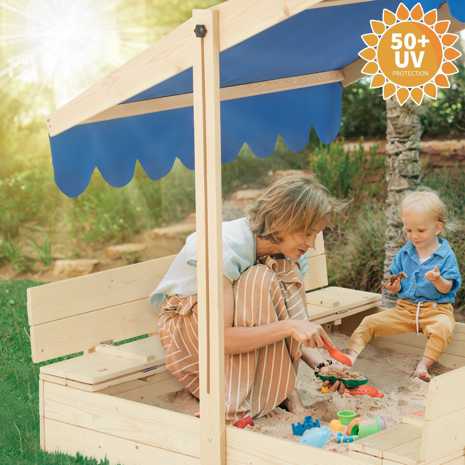 Homrest Kids Wooden Outdoor Sandbox with UV50 Sun/Sand Protection Liner Function Canopy, 2 Foldable Bench Seats, Height Adjustable Roof