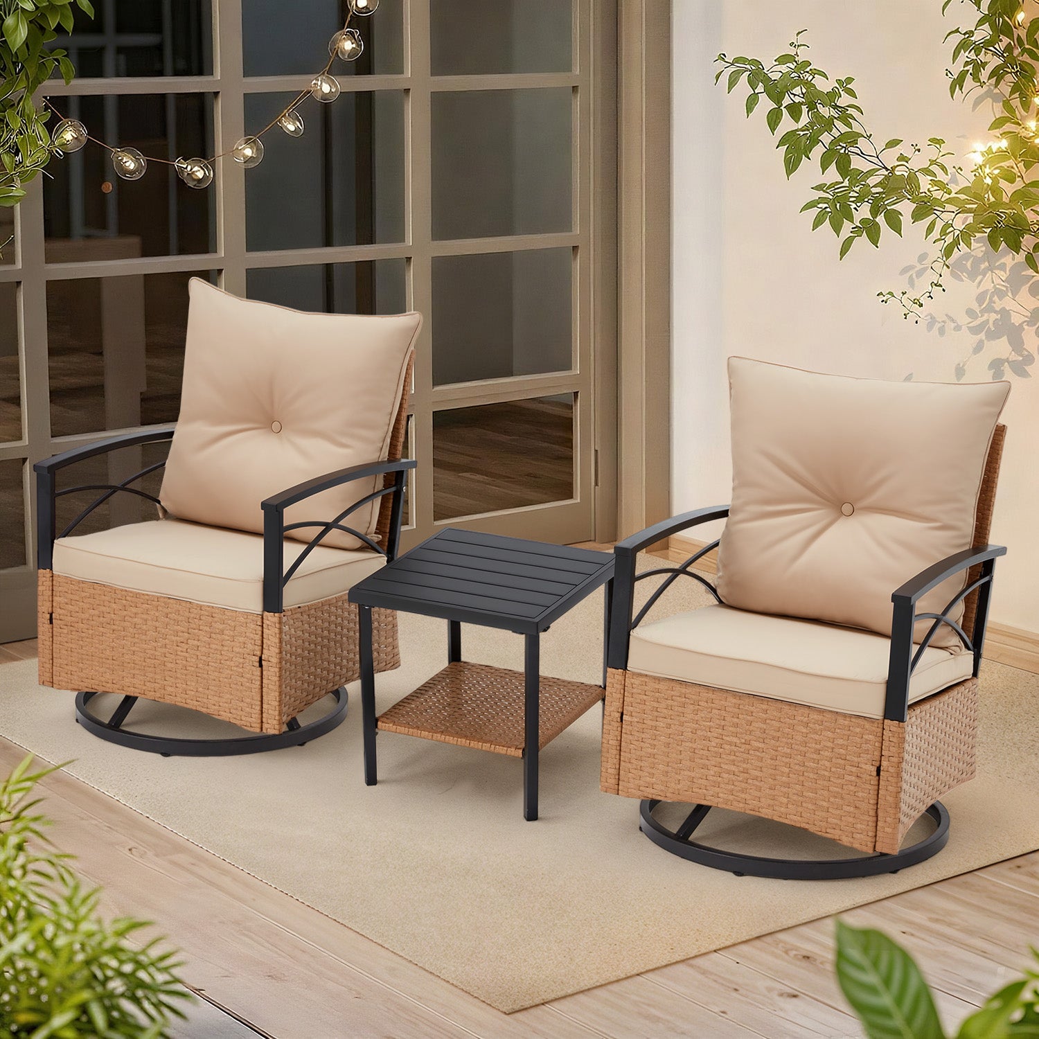 HOMREST 3-Piece Patio Swivel Rocker Set with Rattan Coffee Table, Beige
