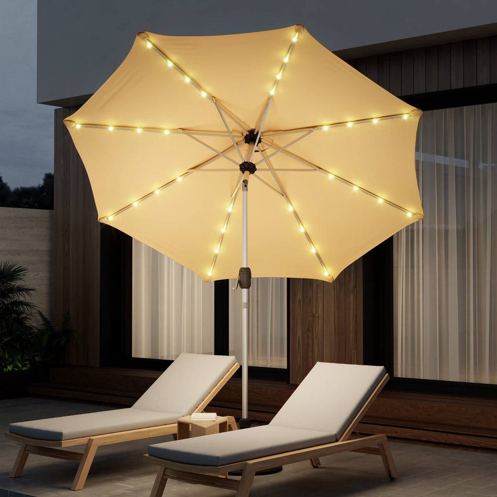Homrest 9FT Solar Patio Umbrella, Fade-Resistant Outdoor Market Umbrella with Tilt, 8 Aluminum Ribs for Gardens,Beige