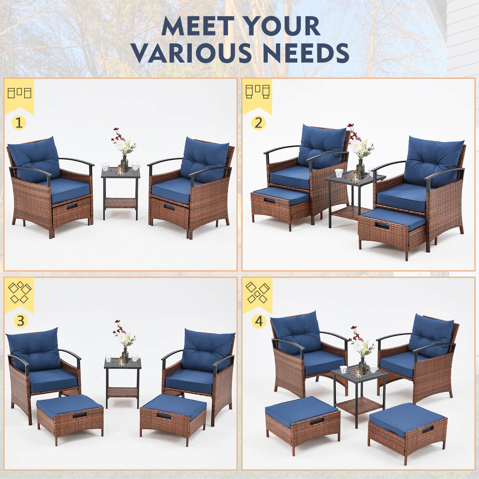 HOMREST 5 Pieces Patio Furniture Set, Outdoor Rattan Chairs with Metal Coffee Table, Ottomans & Soft Cushions, Wicker Conversation Bistro Set, Blue