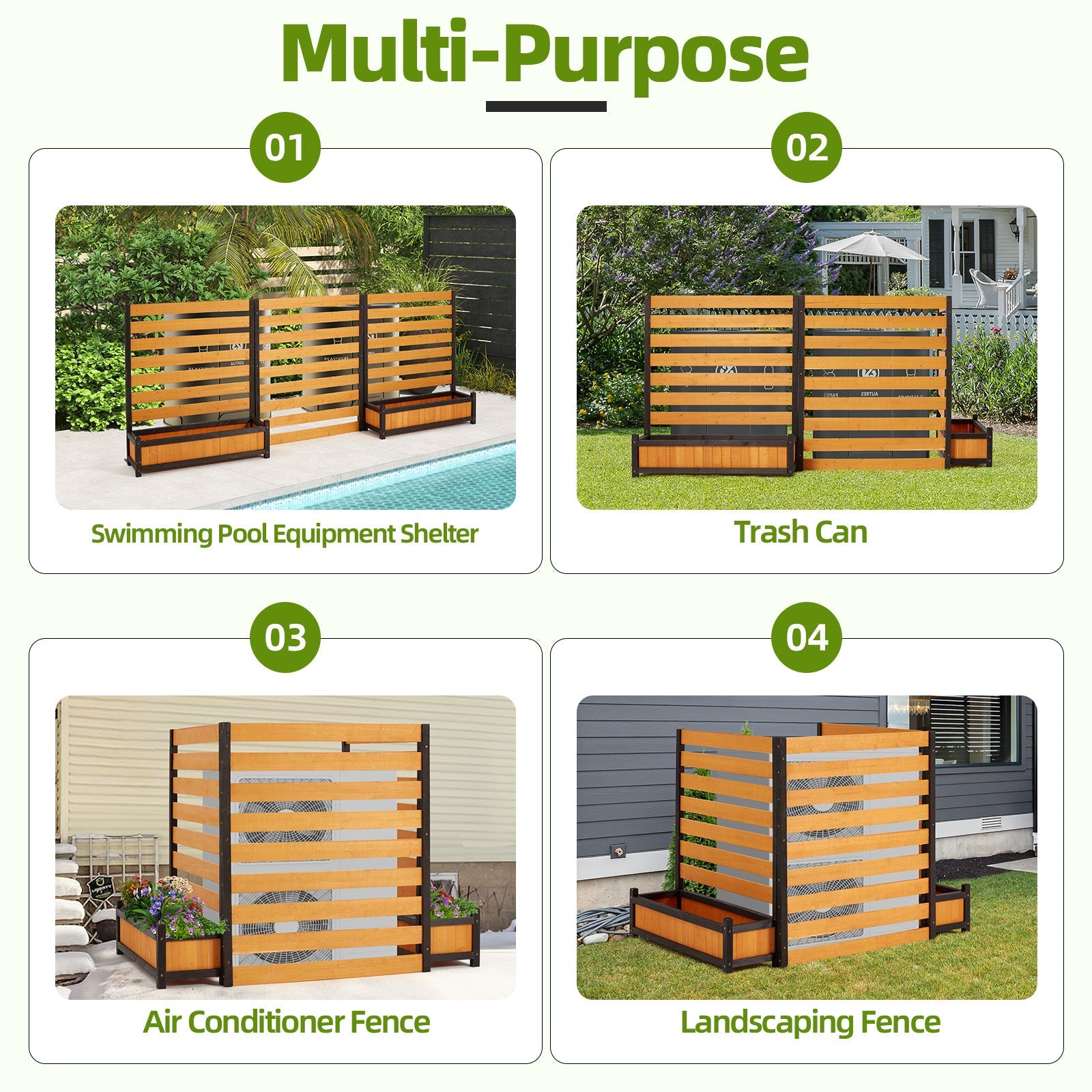 HOMREST No-Dig Privacy Fence with Planter Box - 3 Panels, 33" W x 39" H Durable Outdoor Patio Wood Screen for AC Unit, Trash Hide & Floral Garden Bed, Yellow