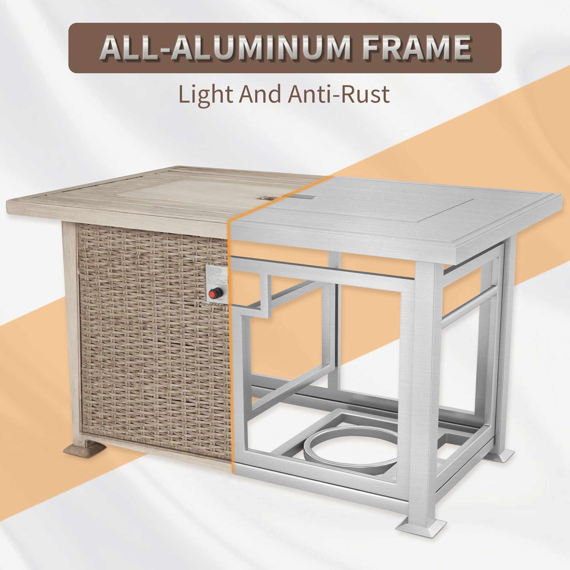 44 In Propane Fire Pit Table, Aluminum Hand-Painted Table Top, 50,000 BTU, Gray