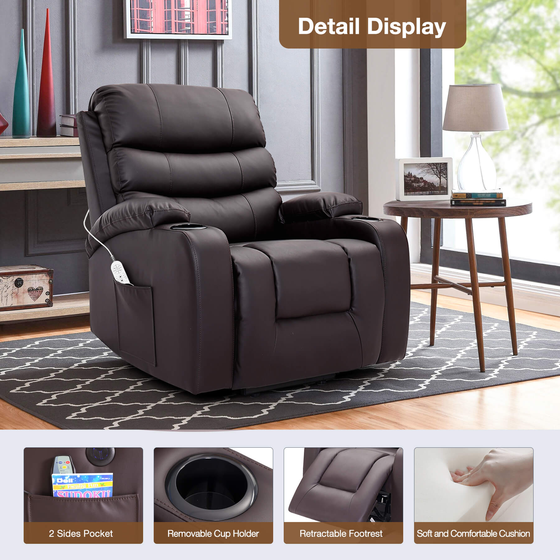 Homrest Power Lift Recliner Chair with Massage & Heat, Brown