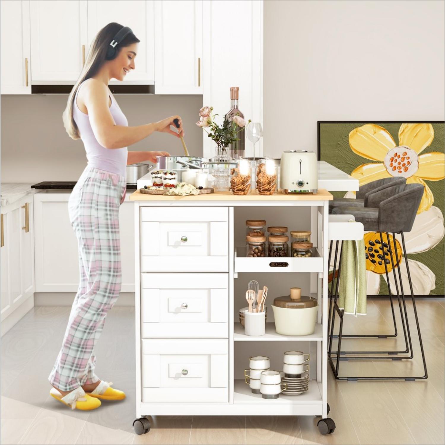 Homrest kitchen islands with countertop & drawer & open shelves and spice rack, white