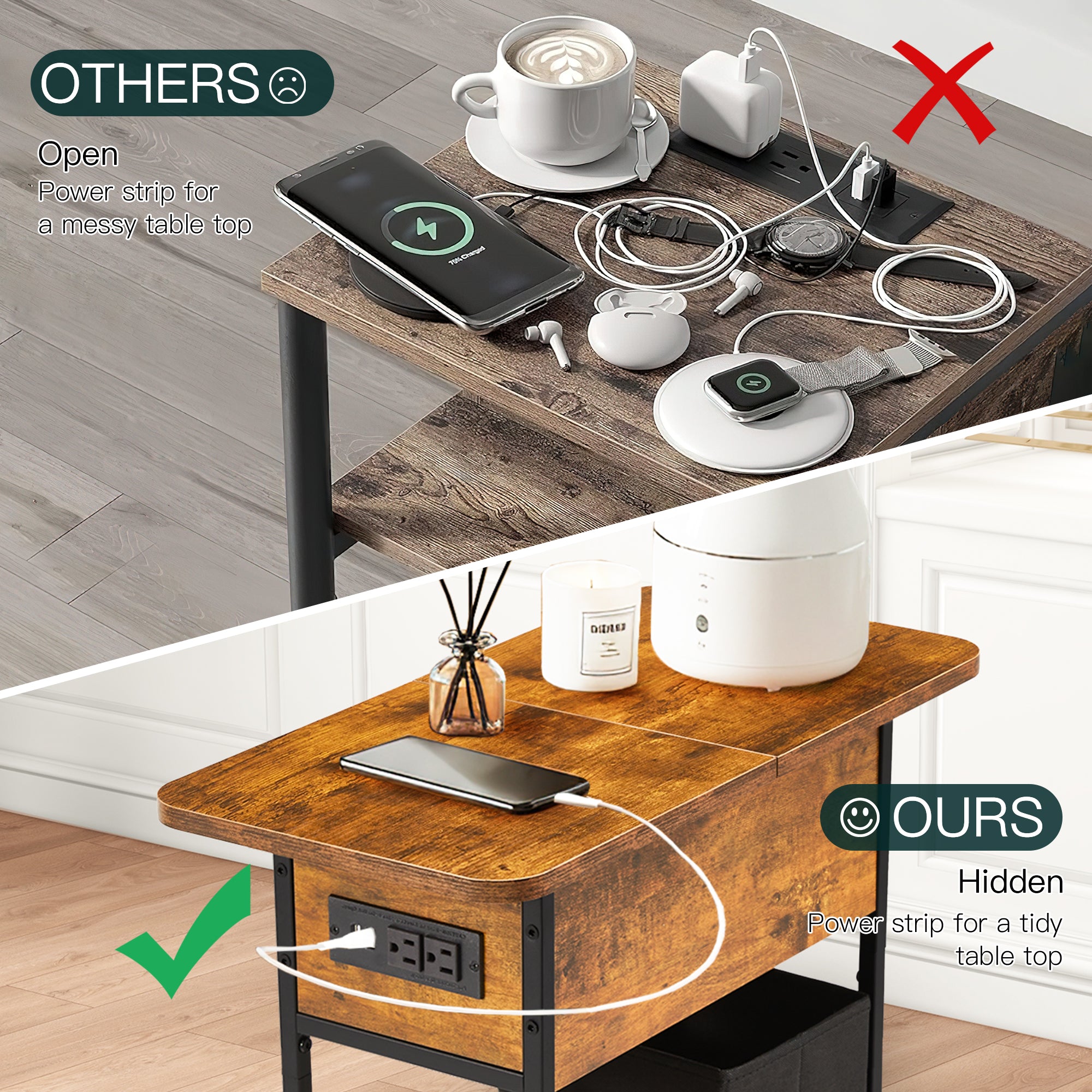 HOMREST Multi-Functional Flip Side Table, 360° Swivel Wheels & Storage Shelf for Living Room/Bedroom, Rustic Brown Wood End Table, Brown