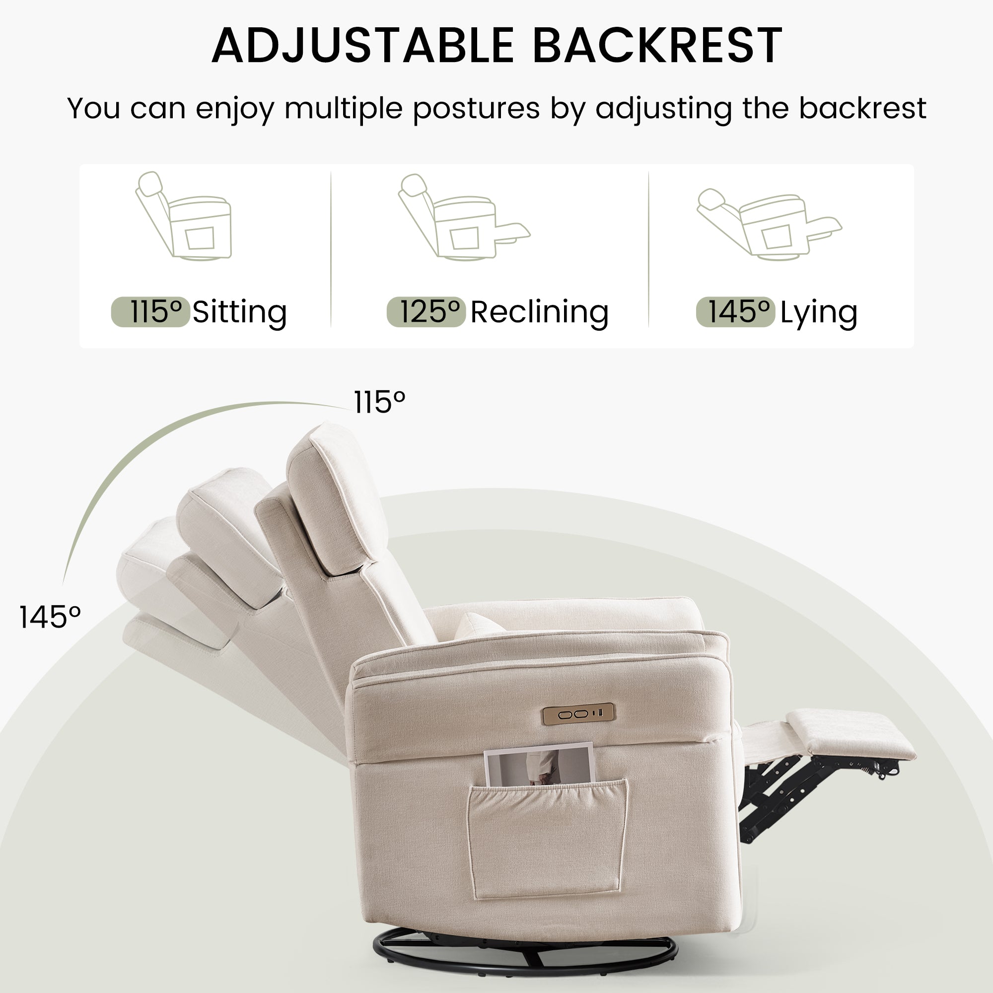 HOMREST Power Swivel Rocking Recliner Chair with Adjustable Headrest and Armrests for Living Room, Nursery, Beige
