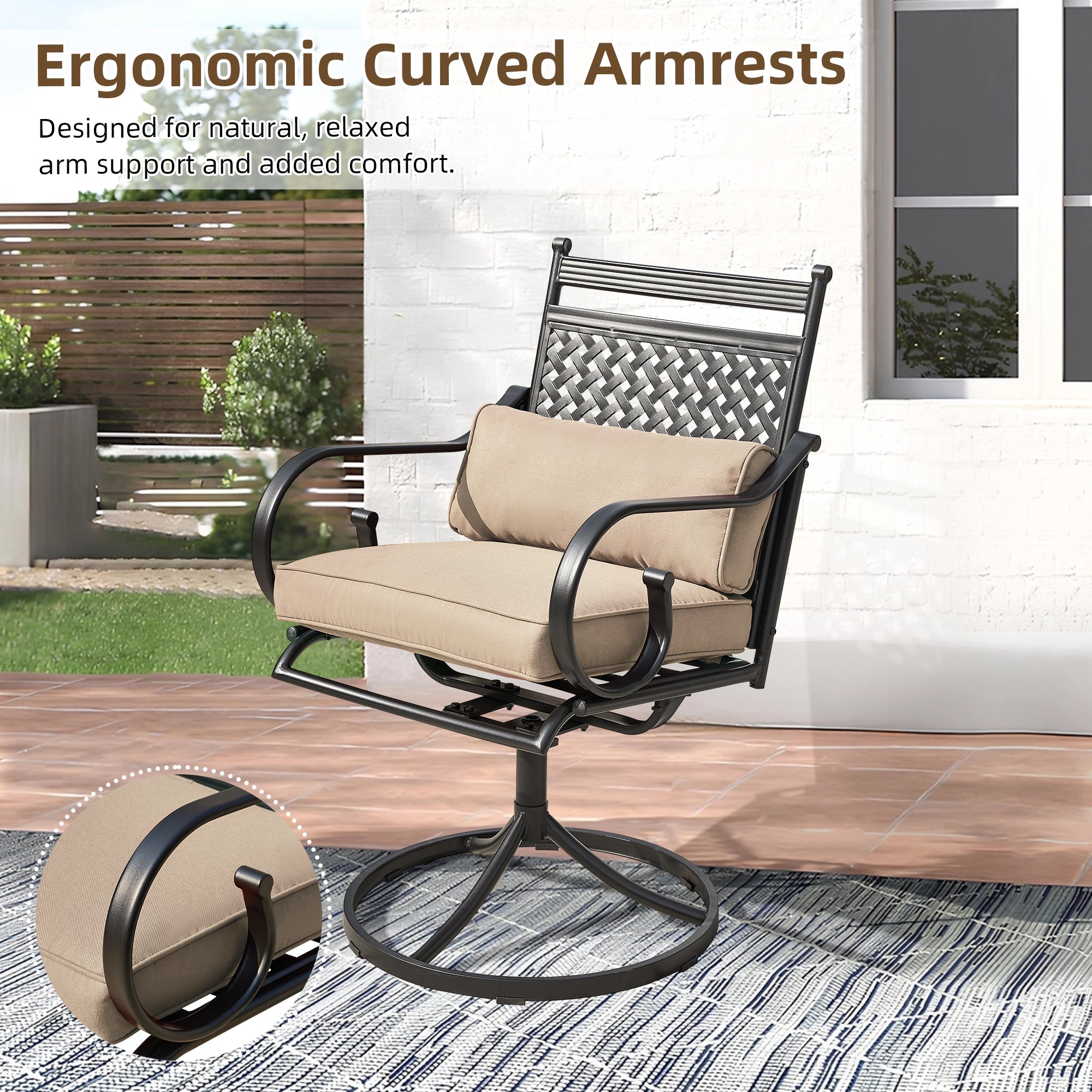 homrest Patio Swivel Chair Set of 2, Outdoor Dining Chairs with Cushions for Porch, Deck, and Garden, Khaki