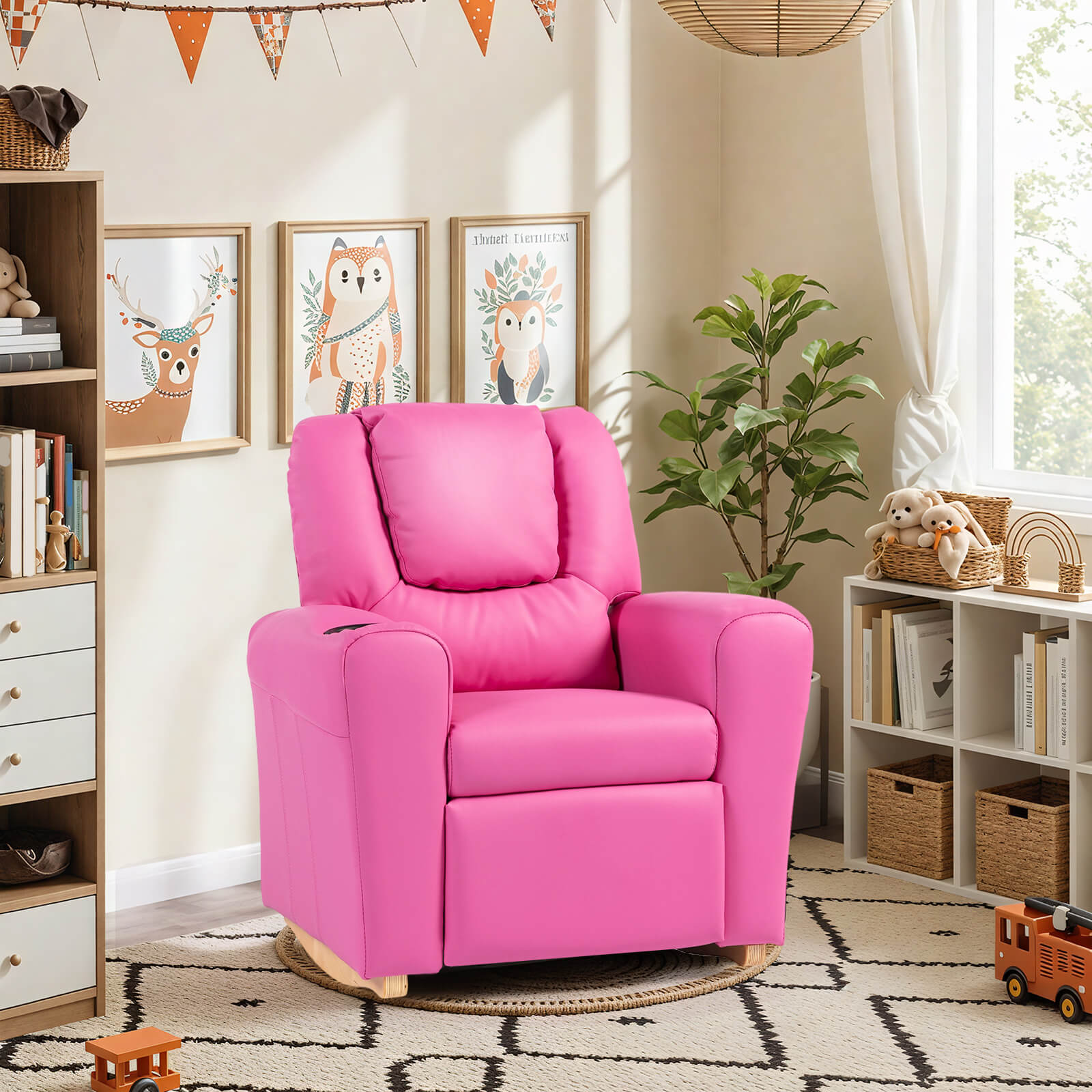 HOMREST Kids Recliner Chair with Cup Holder, Leather Toddler Recliner with Adjustable Backrest, Curved Rocking Legs and Comfy Armrests, Pink