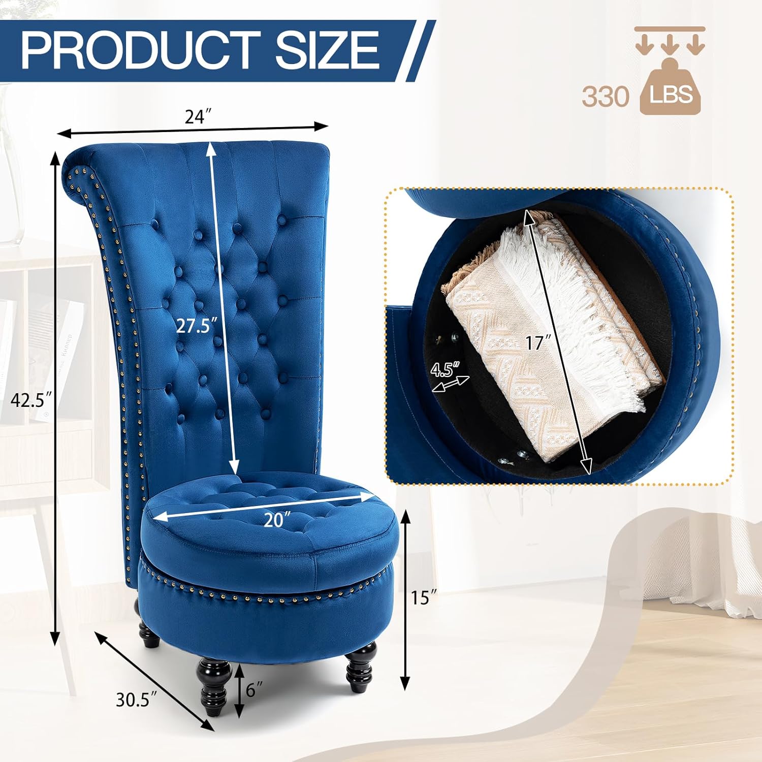 HOMREST High Back Throne Chair, Velvet Armless Royal Accent Chair w/Storage, Nailhead Trim & Rubberwood Legs for Living Room & Bedroom, Blue