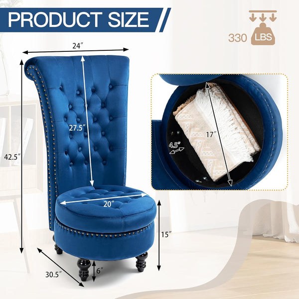HOMREST High Back Throne Chair, Velvet Armless Royal Accent Chair w/Storage, Nailhead Trim & Rubberwood Legs for Living Room & Bedroom, Blue