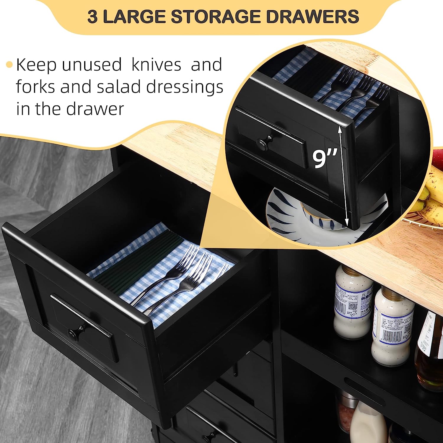 Homrest kitchen islands with 3 large storage drawers, keep unused knives and forks and salad dressings in the drawer