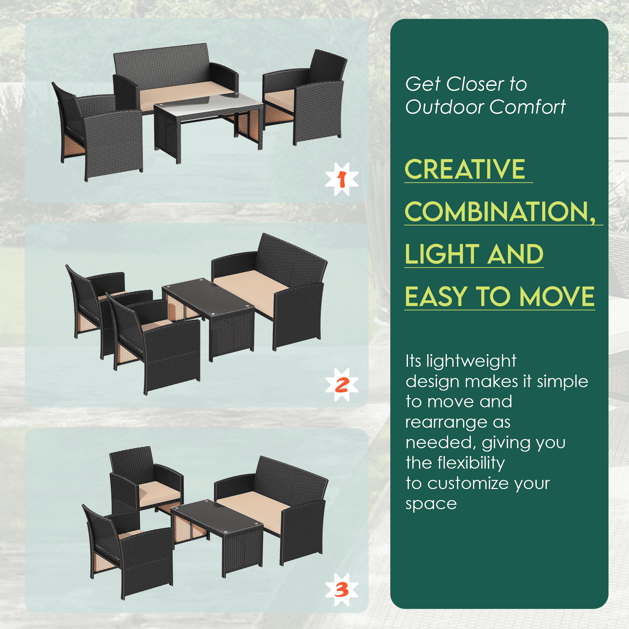 HOMREST 4-Piece Patio Furniture Set, Outdoor Wicker Patio Conversation Set with Cushions, Sofa & Glass Coffee Table, Khaki