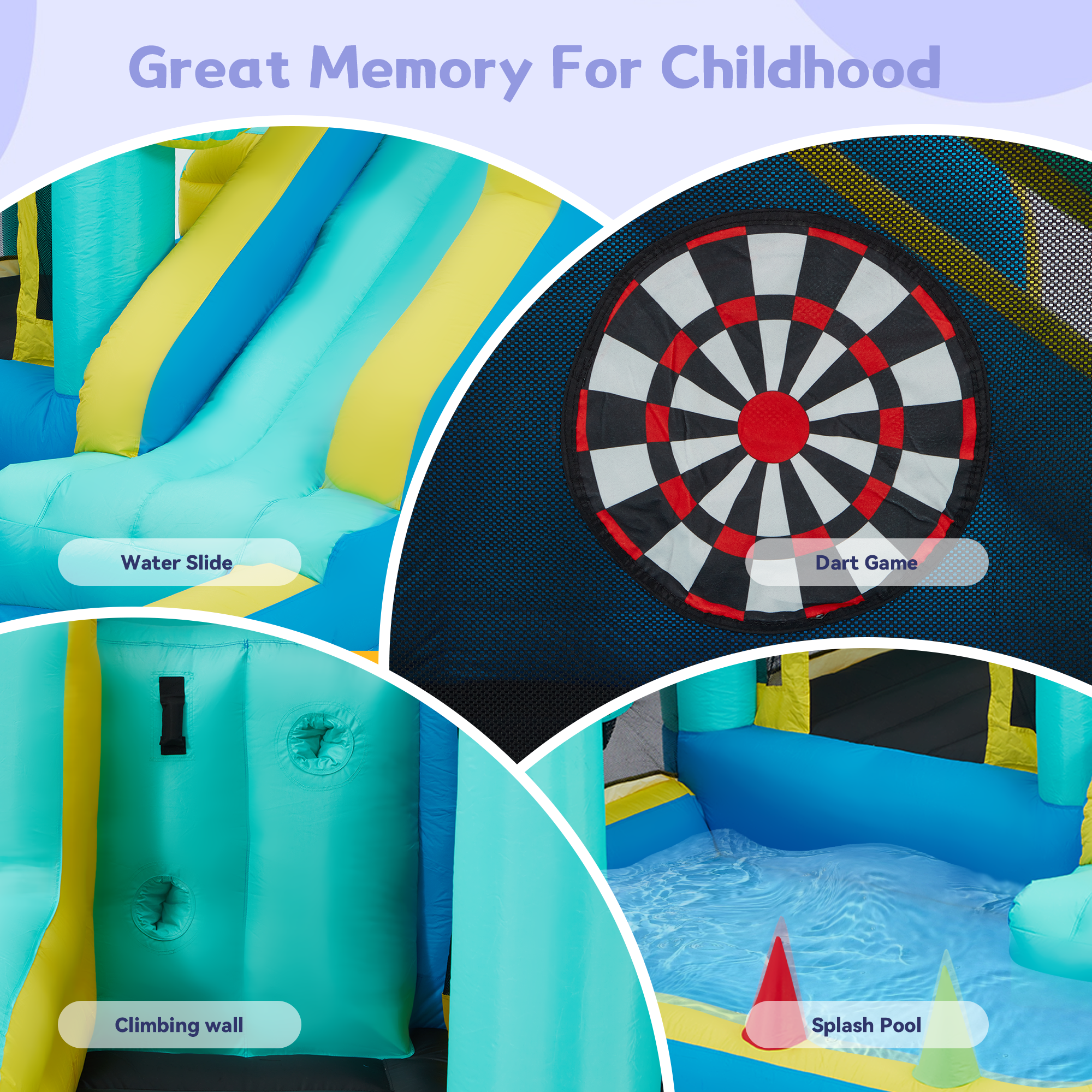 Homrest Inflatable Trampoline Bouncy House with Blower, Jumping Castle with Water Slides for Kids Backyard,  Heavy Duty 840D Oxford Cloth Water Slide Outdoor Sports Dartboard Game for Kids 3-6