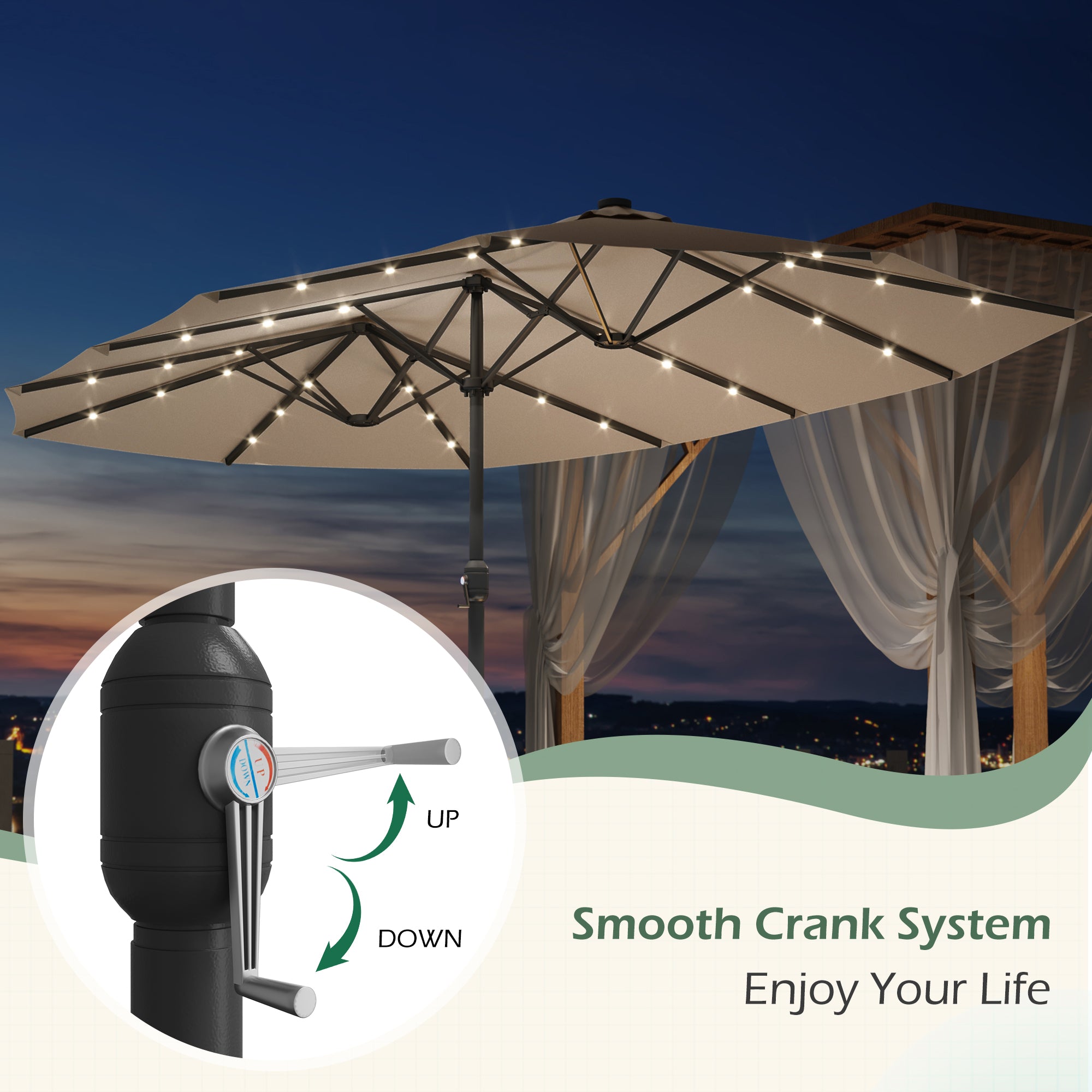 HOMREST 15ft Large Double-Sided Patio Umbrella with Solar LED Lights, Outdoor Crank System, and Base – Perfect for Garden, Deck, Poolside, Beige