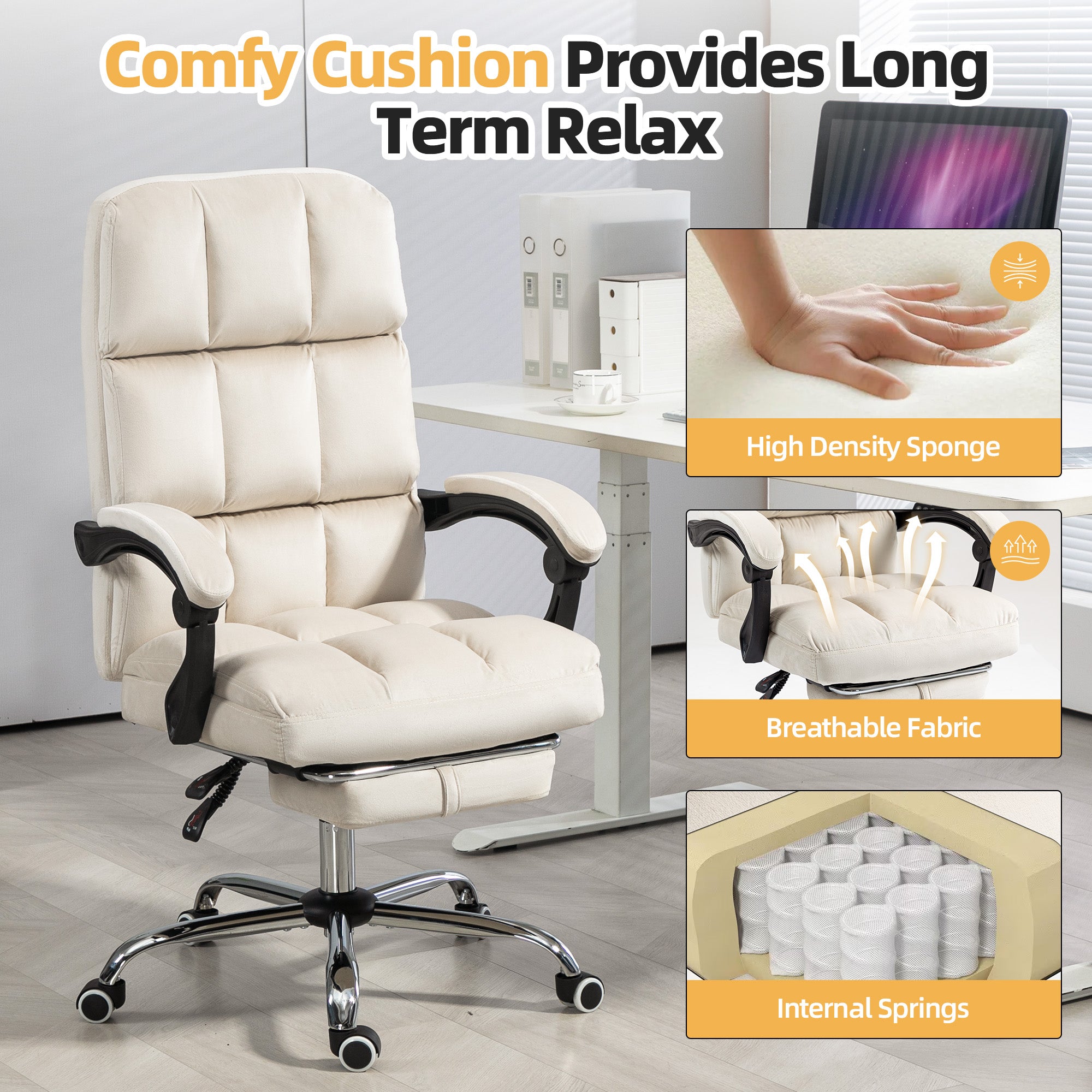 Homrest Velvet Executive Office Chair with Footrest – Adjustable Recline, High Back Comfort