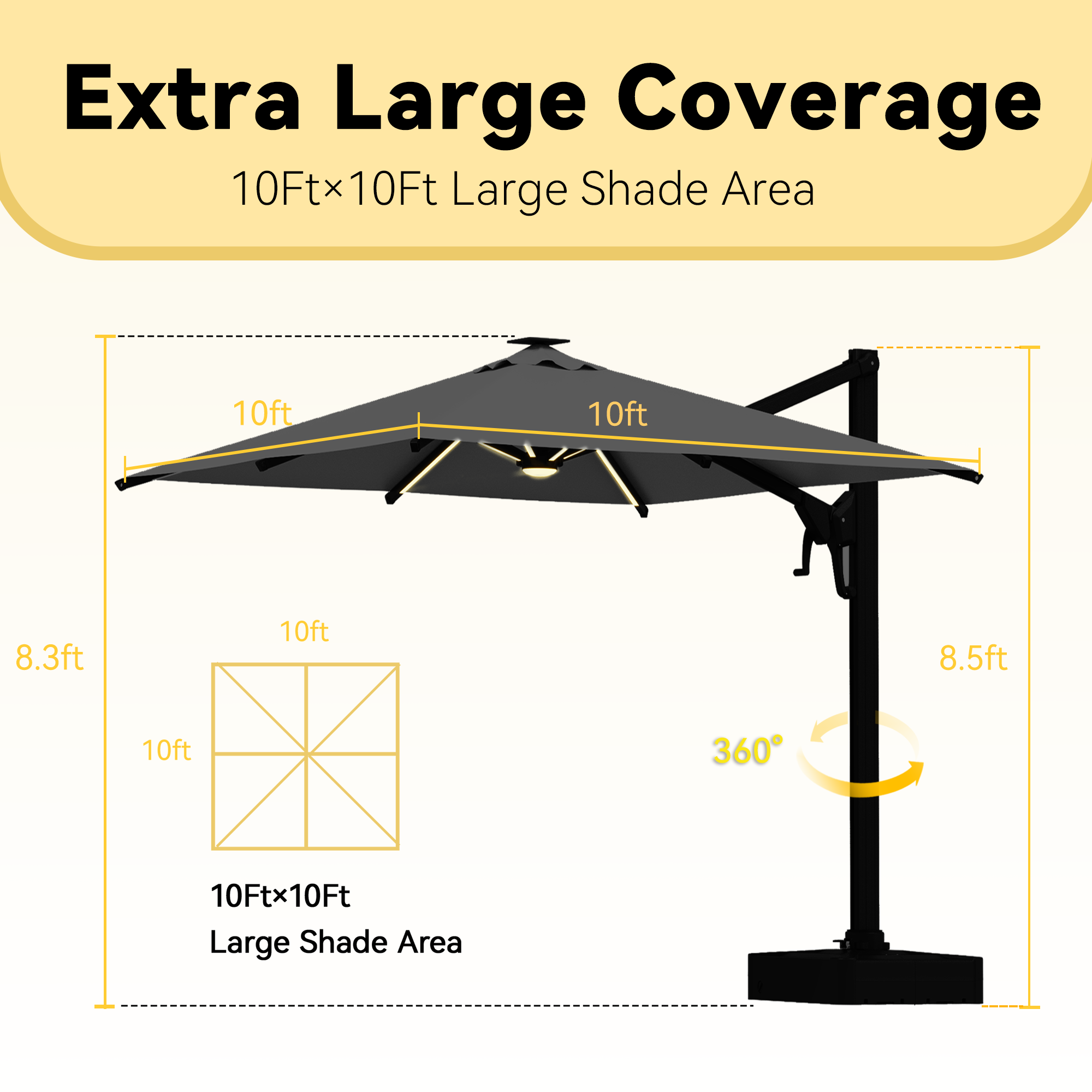 HOMREST 10 X 10 Outdoor Weather-resistant Umbrella with LED Lighting(Base Excluded) - Gray