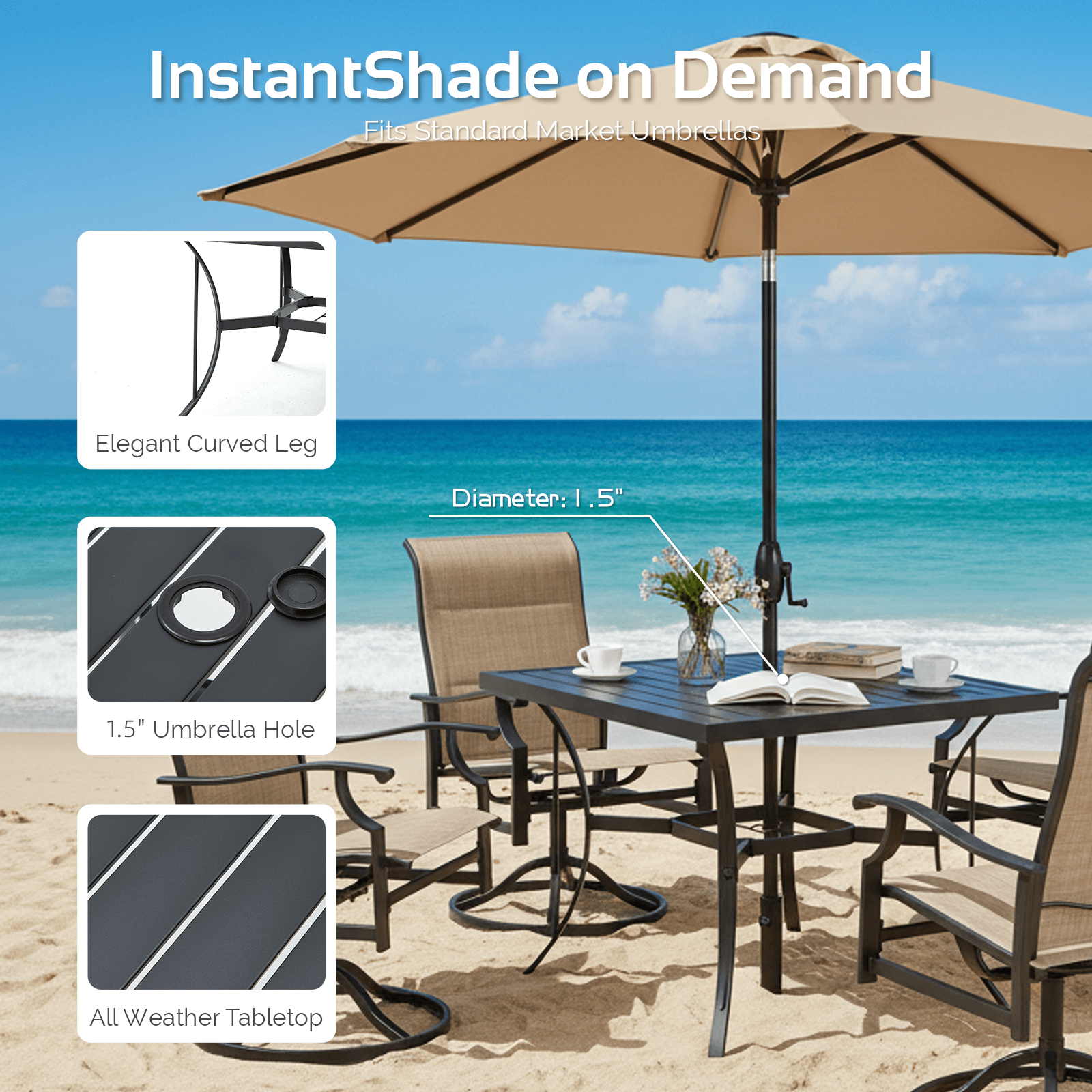 HOMREST 5-Piece Patio Furniture Set Outdoor Dining Table & Chairs with Umbrella Hole, 360° Swivel Rocking Chair, Brown