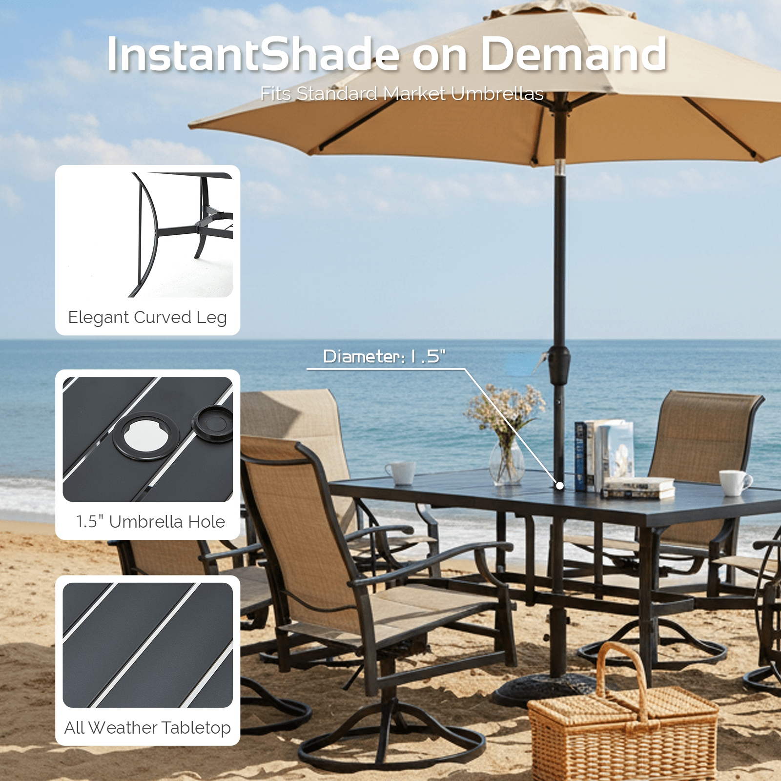 HOMREST 7 Piece Outdoor Patio Dining Set with 6 Swivel Rocker Chairs, Rectangular Metal Table with Umbrella Hole, Brown