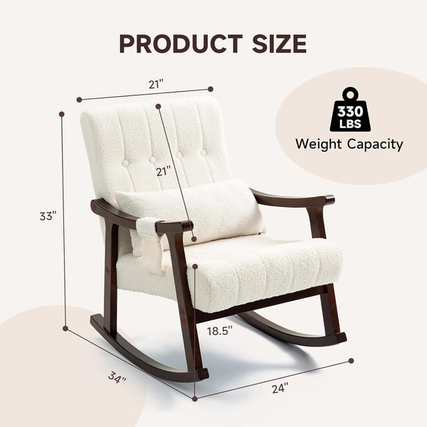 HOMREST Teddy Upholstered Rocking Chair, Small Glider Rocker with 2-Point Massage Lumbar Pillow and Solid Wood Legs, for Nursery and Living Room, White