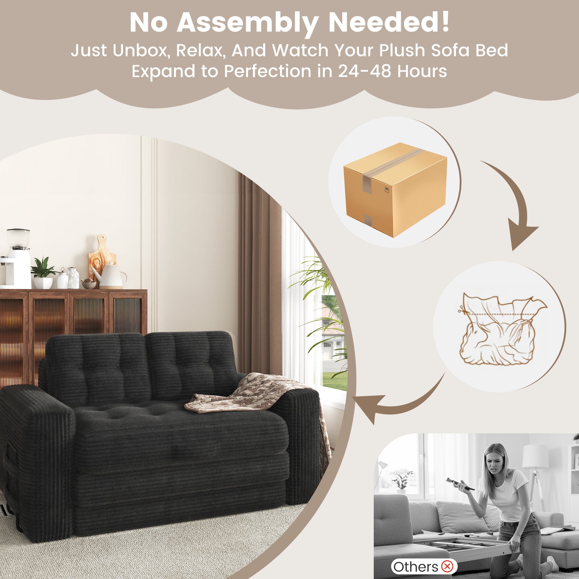 HOMREST No Assembly Needed Convertible Sofa Bed, 2 in 1 Boneless Couch Bed with 2 Pillows, Black