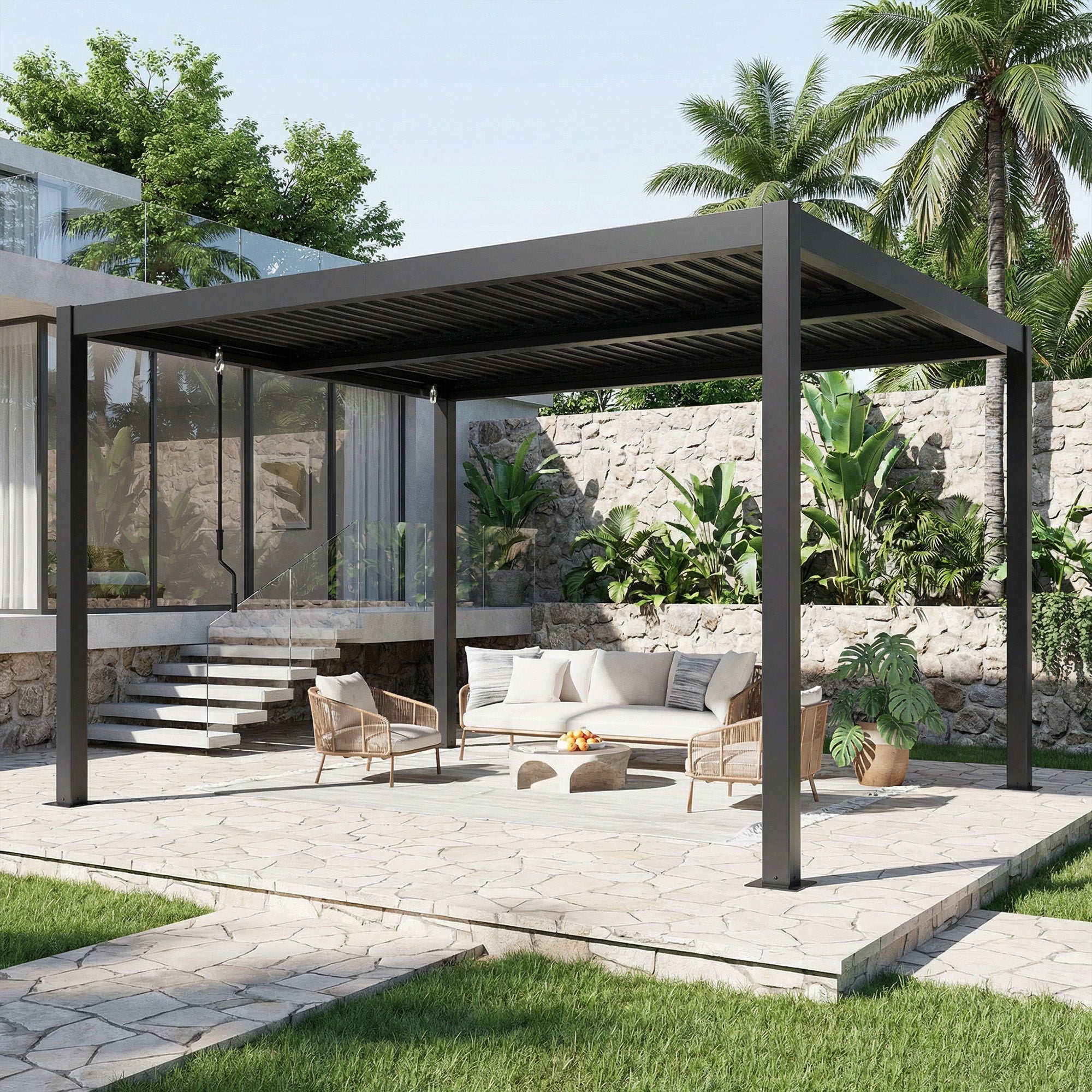 HOMREST 10' x 12' Outdoor Pergola with Adjustable Louvered Roof & Integrated Drainage, Heavy-Duty Metal Louvered Pergola for Patios, Black
