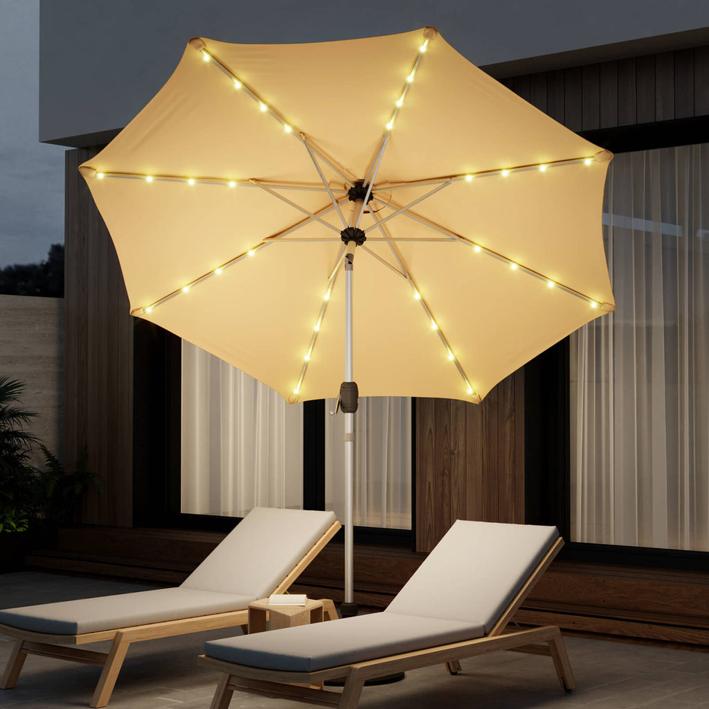 Homrest 10FT Solar Lighted Patio Umbrella, Fade-Resistant Outdoor Umbrella with Tilt, 8 Aluminum Ribs Beige