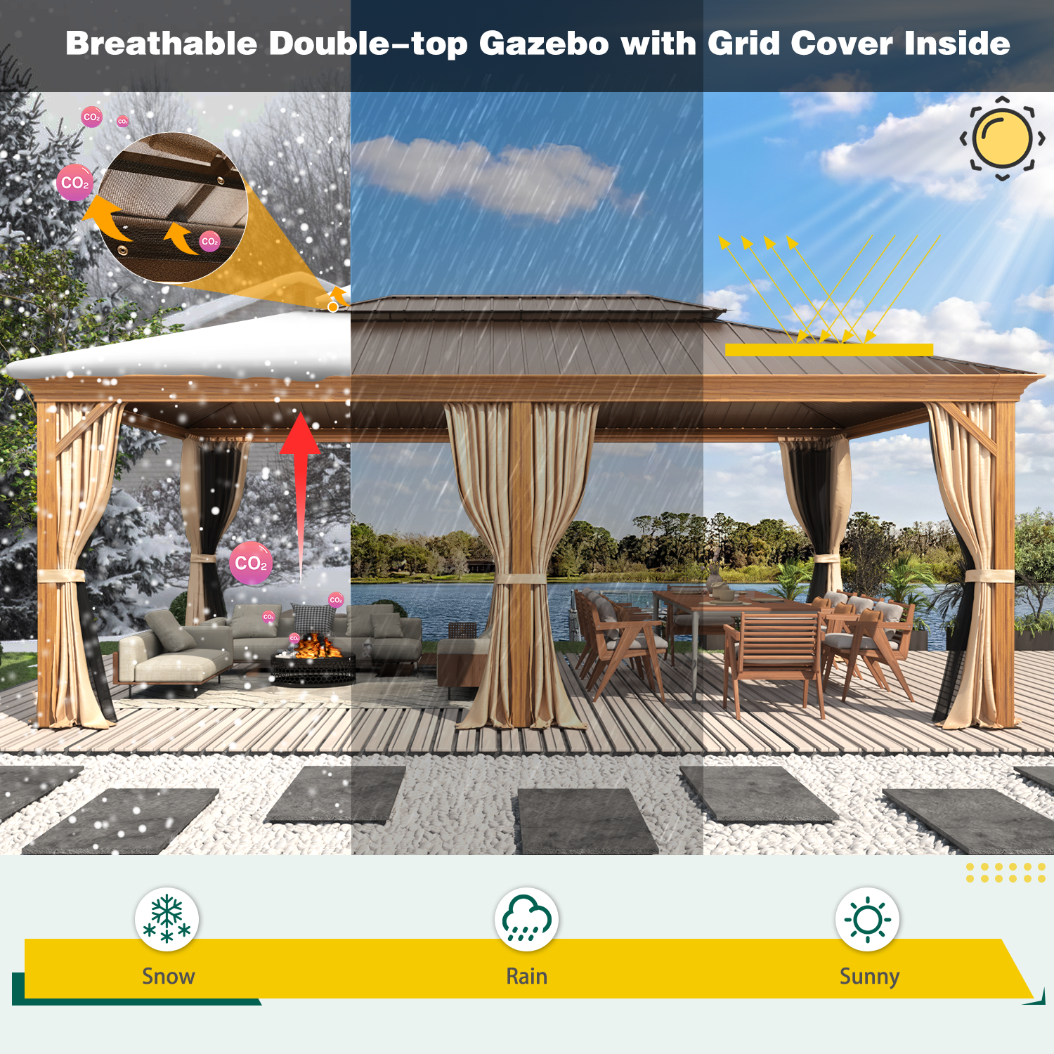 HOMREST 14X20 Grill Gazebo with Galvanized Hardtop Roof, Wood Grain