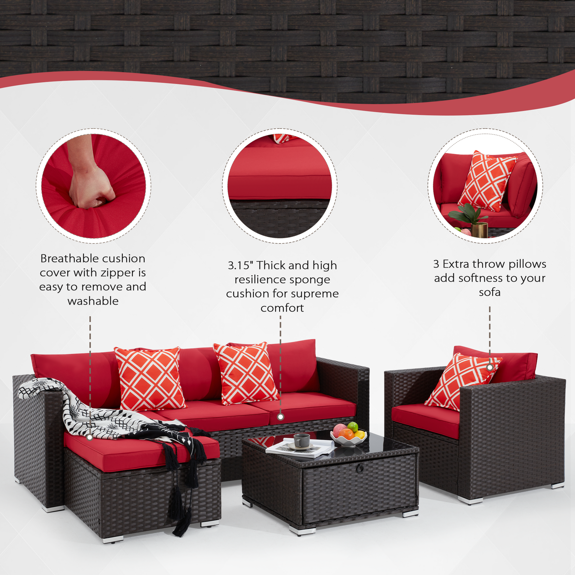 Breathable cushion cover with zipper is easy to remove and washable, 3.15'' thick and high resilience sponge cushion for supreme comfort, 3 extra throw pillows add softness to your sofa