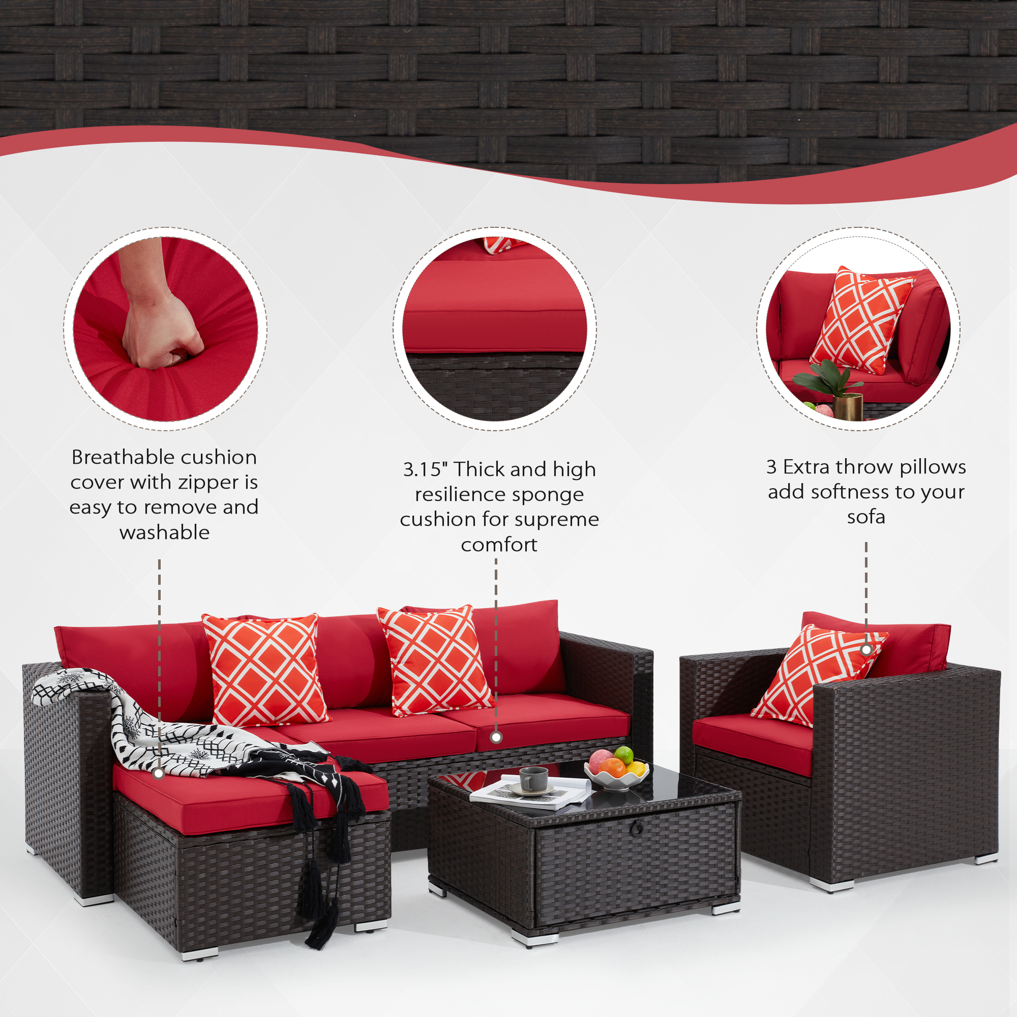 Breathable cushion cover with zipper is easy to remove and washable, 3.15'' thick and high resilience sponge cushion for supreme comfort, 3 extra throw pillows add softness to your sofa