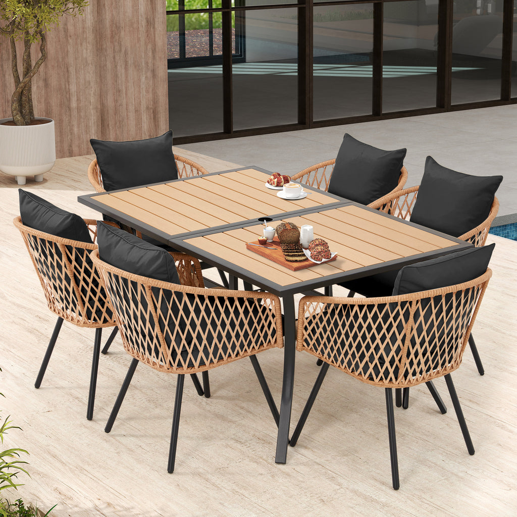 HOMREST 7-Piece Outdoor Dining Set – Rectangular Table with Umbrella Hole & 6 Rattan Chairs, Black