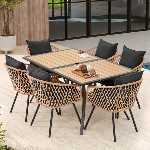 HOMREST 7-Piece Outdoor Dining Set – Rectangular Table with Umbrella Hole & 6 Rattan Chairs, Black