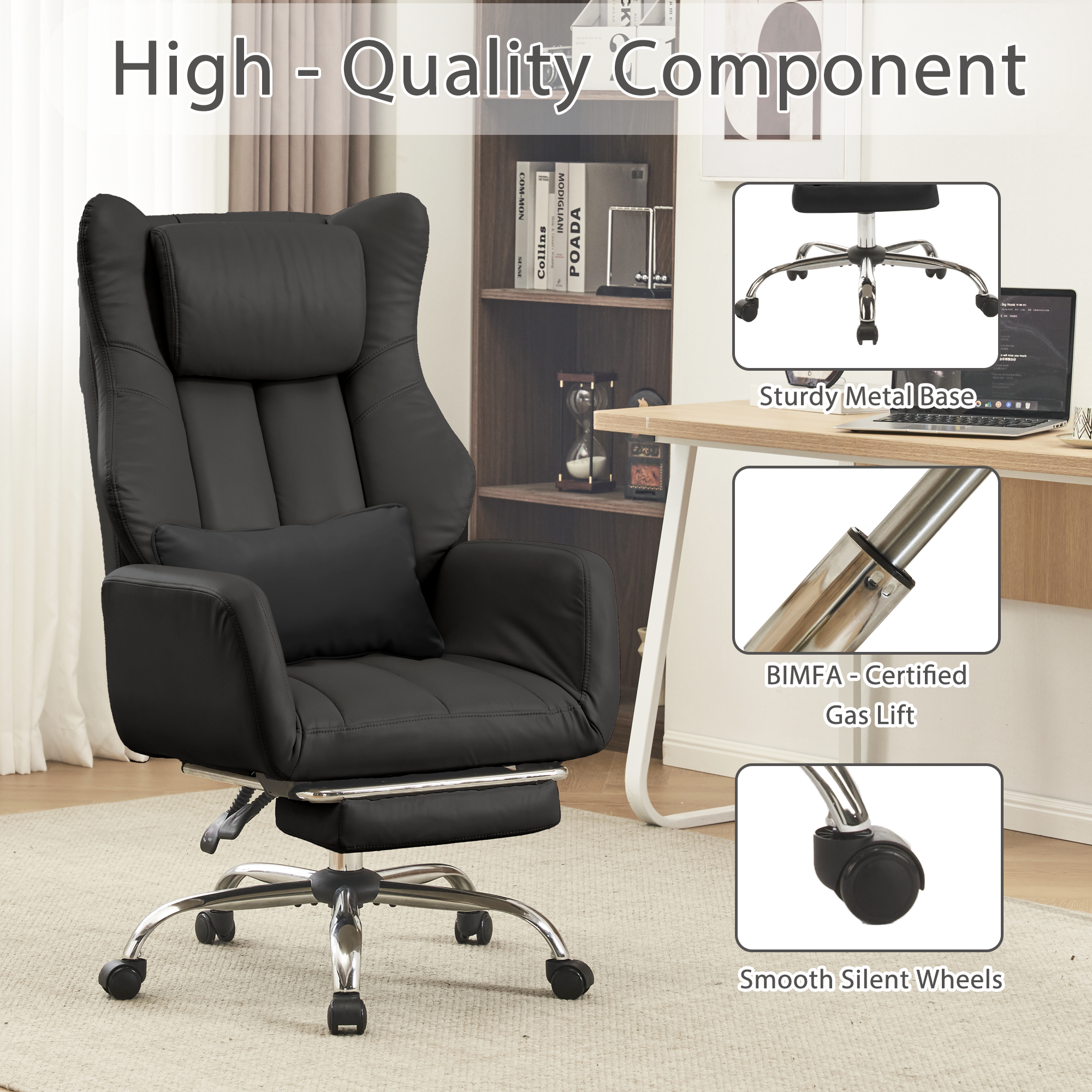 HOMREST Ergonomic Cross Legged Office Chair with Footrest,Big and Tall Leather Executive Chair with Reversible Armrest,Lumbar Pillow and Wheels,155° Reclining Computer Wide Desk Chair for Home,Office (Black)