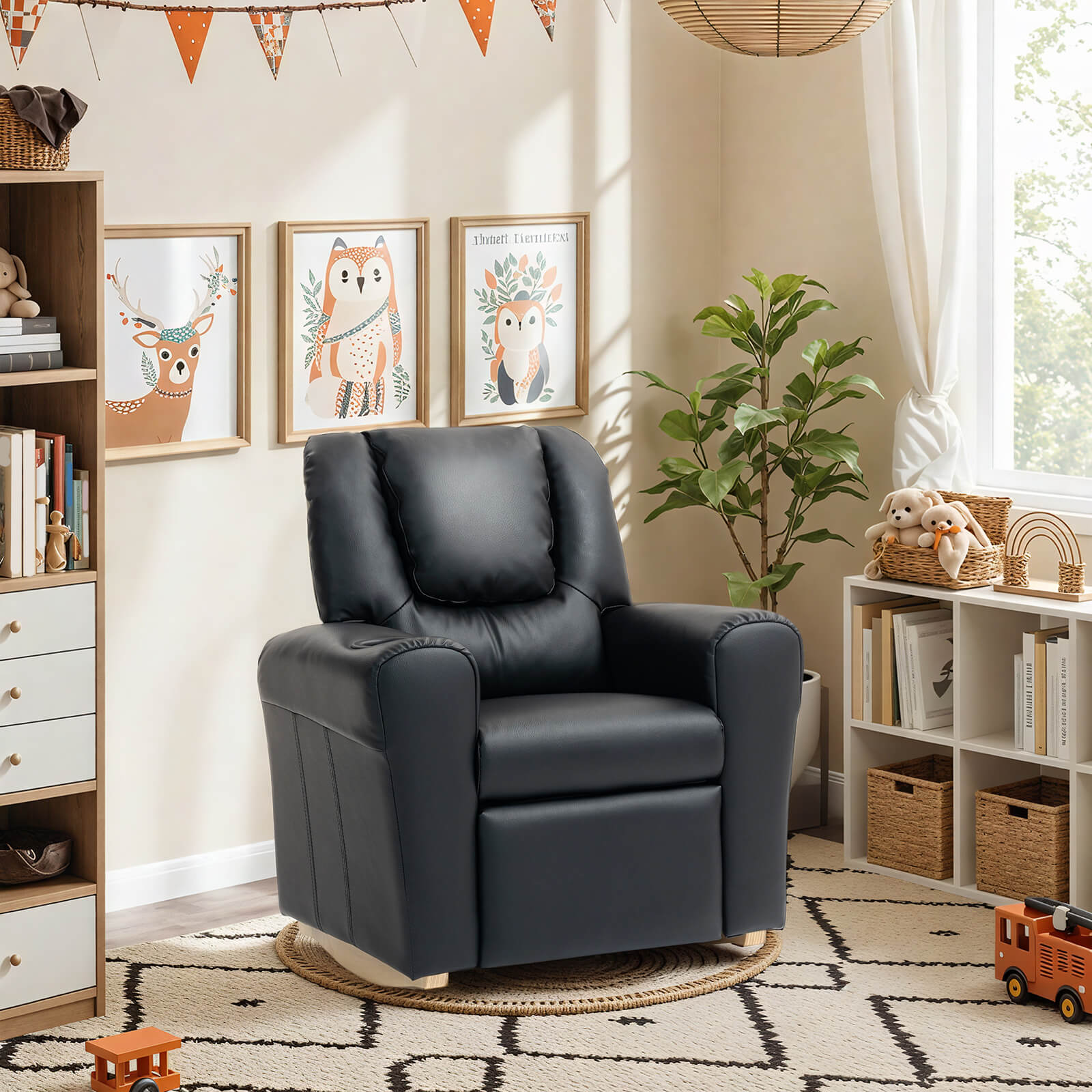 HOMREST Kids Recliner Chair with Cup Holder, Leather Toddler Recliner with Adjustable Backrest, Curved Rocking Legs and Comfy Armrests, Black